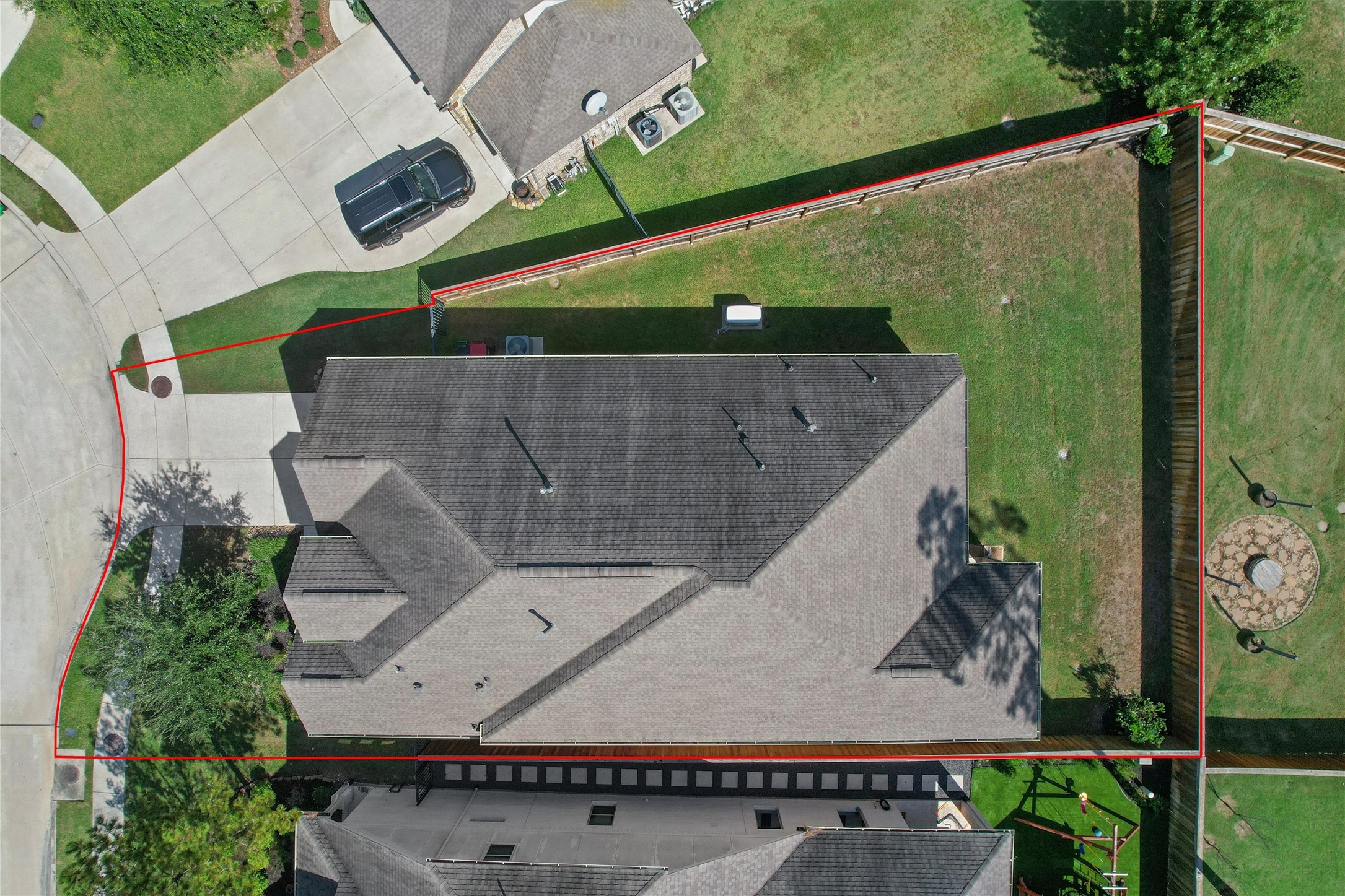 Aerial view of the large lot