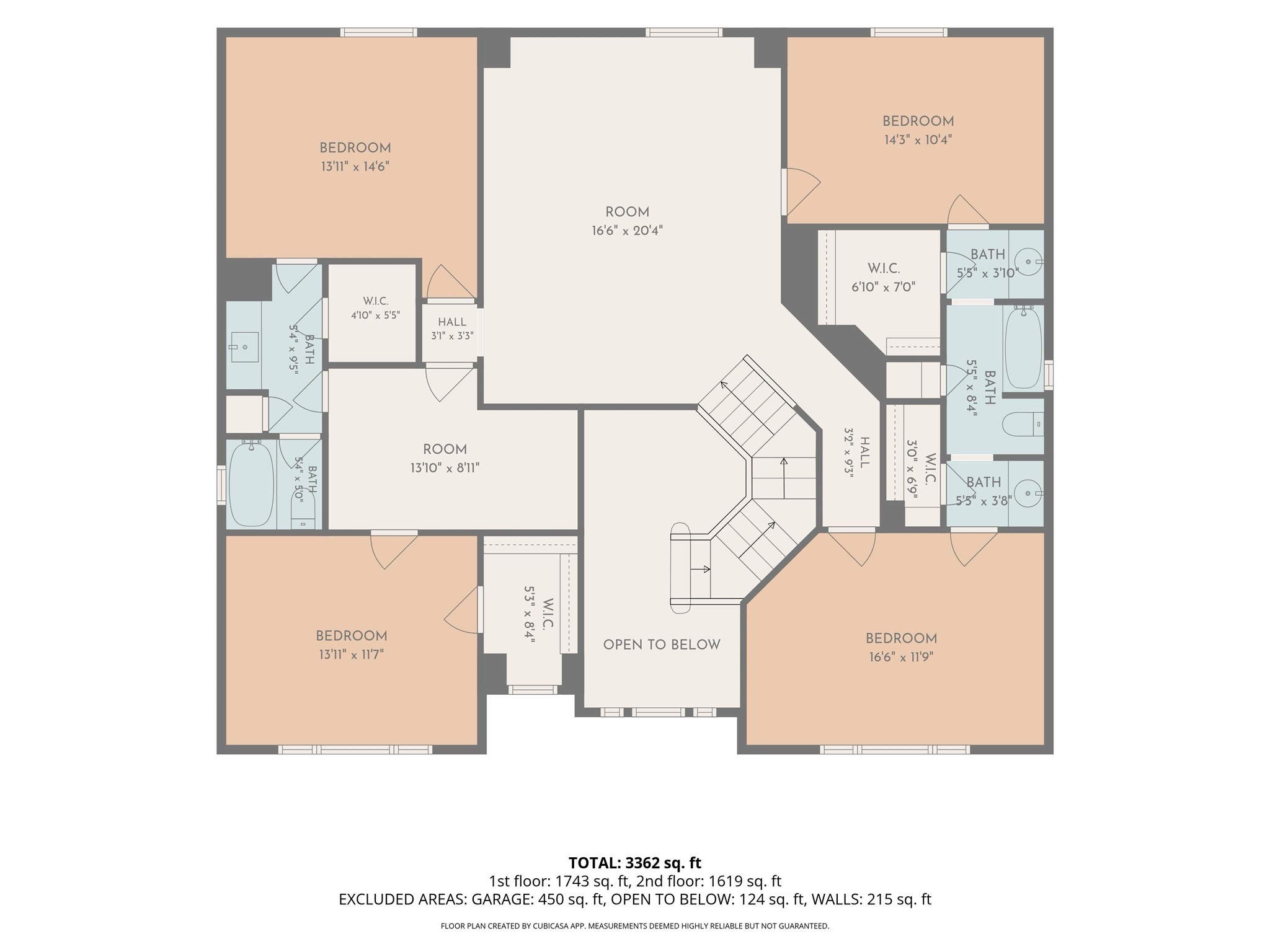Spacious second-floor layout featuring four bedrooms, each with a walk-in closet, two bathrooms, and an open central area for versatile use.