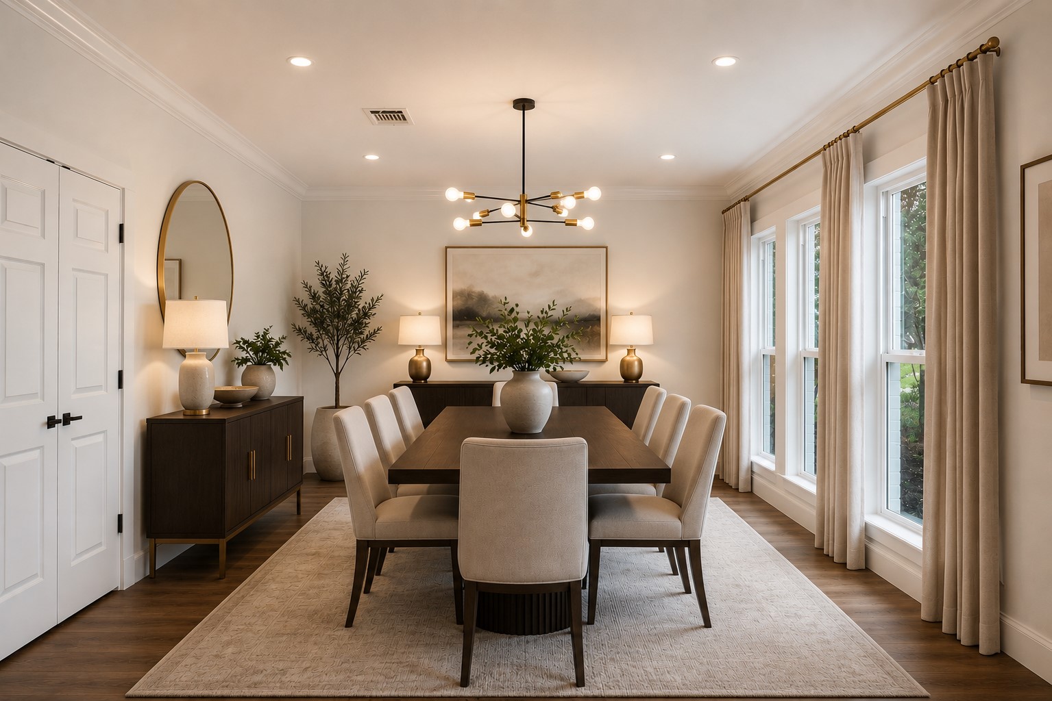 Elegant dining room with ample natural light, featuring a modern chandelier. Photo digitally staged.