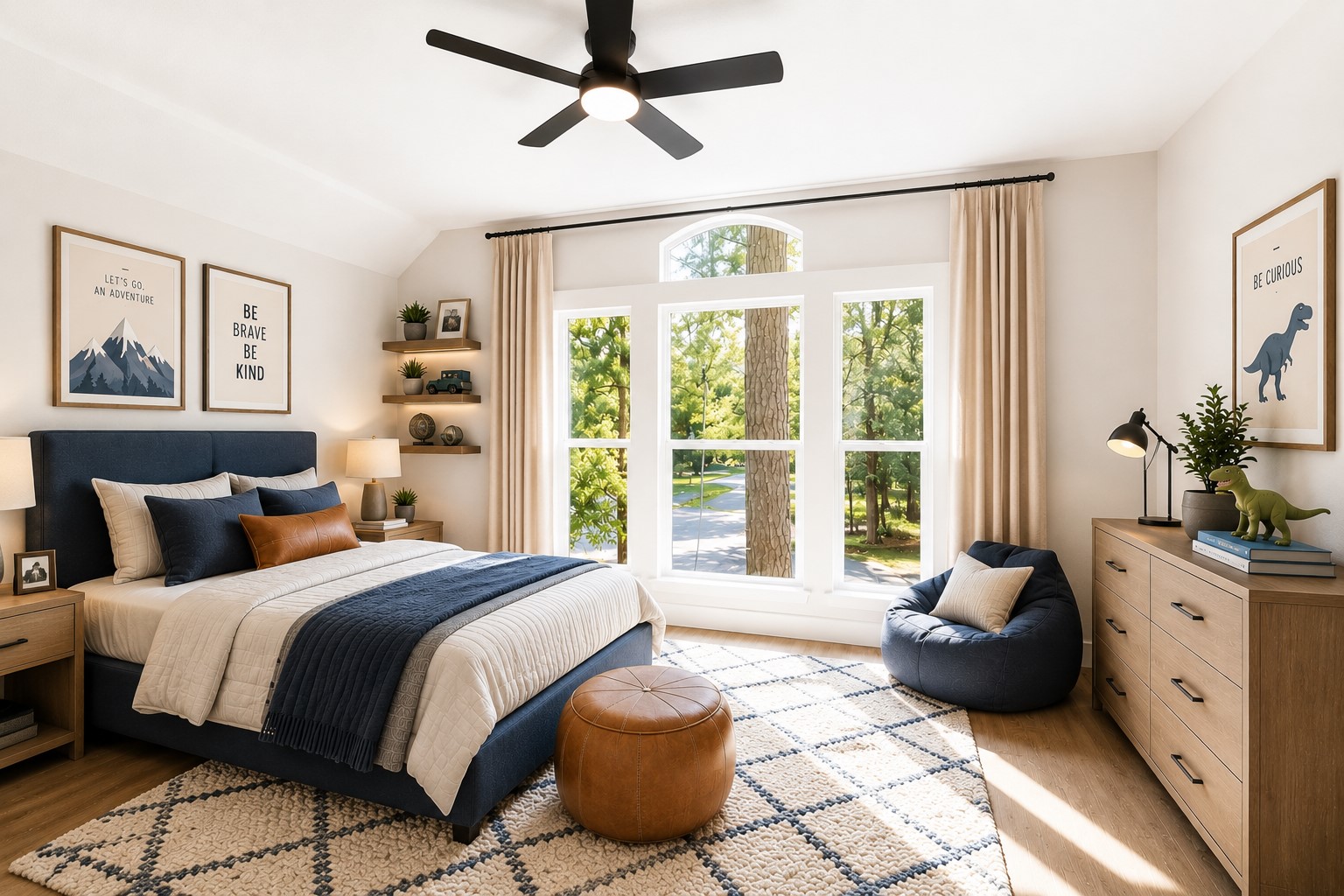 Secondary bedroom, bright and inviting bedroom featuring large windows. Photo digitally staged.