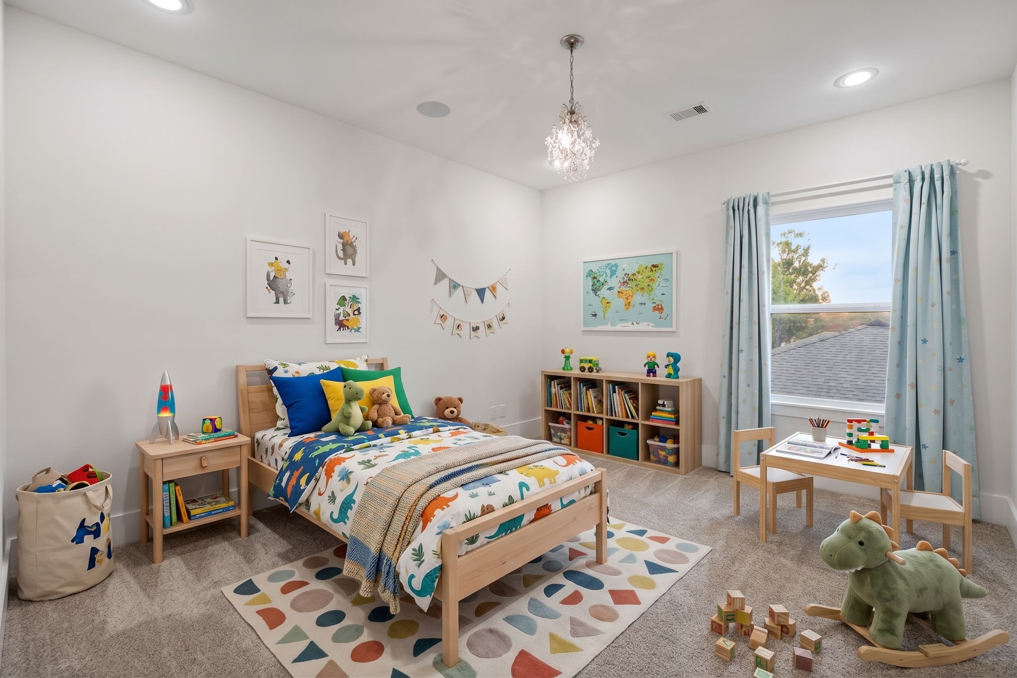 A furnished secondary bedroom with natural light. ( virtual stage)