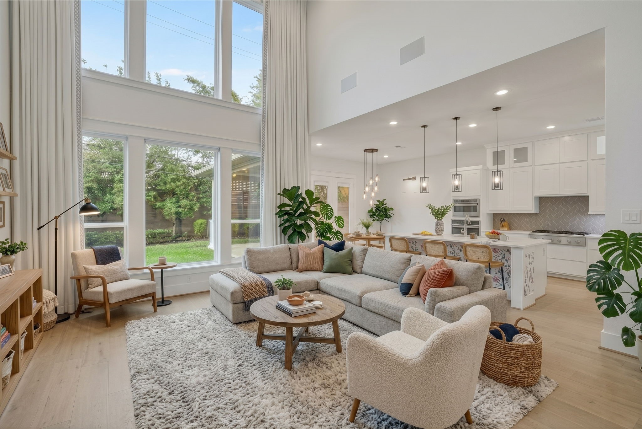 Substantial seating and a restrained palette suit the room's proportions.