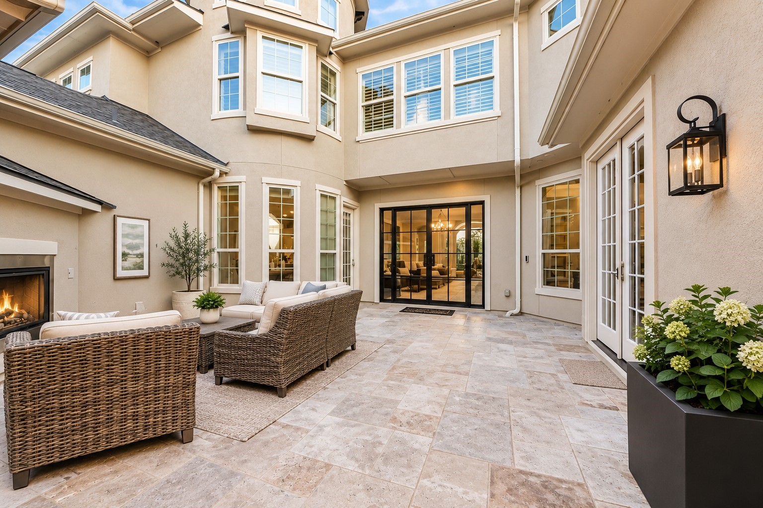 Elegant courtyard featuring impressive glass-paneled double entry doors, with additional access to the breakfast area on the left and beautiful double doors leading into the private study on the right.