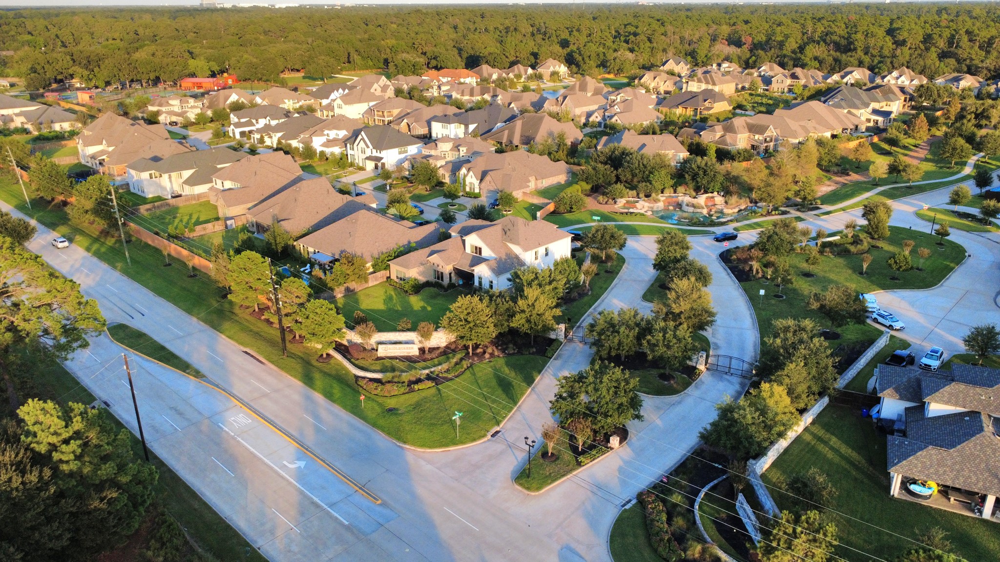 Aerial view of the prestigious gated Bridlecreek community, ideally situated between Highway 290 and Highway 249, offering convenient access to shopping, dining, entertainment, and major Houston thoroughfares.