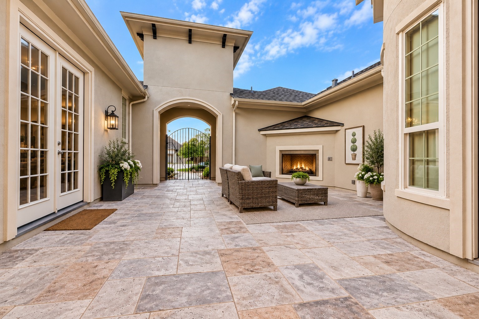 Beautiful private courtyard featuring a cozy outdoor fireplace, elegant stone flooring, and an inviting atmosphere perfect for relaxing or entertaining.