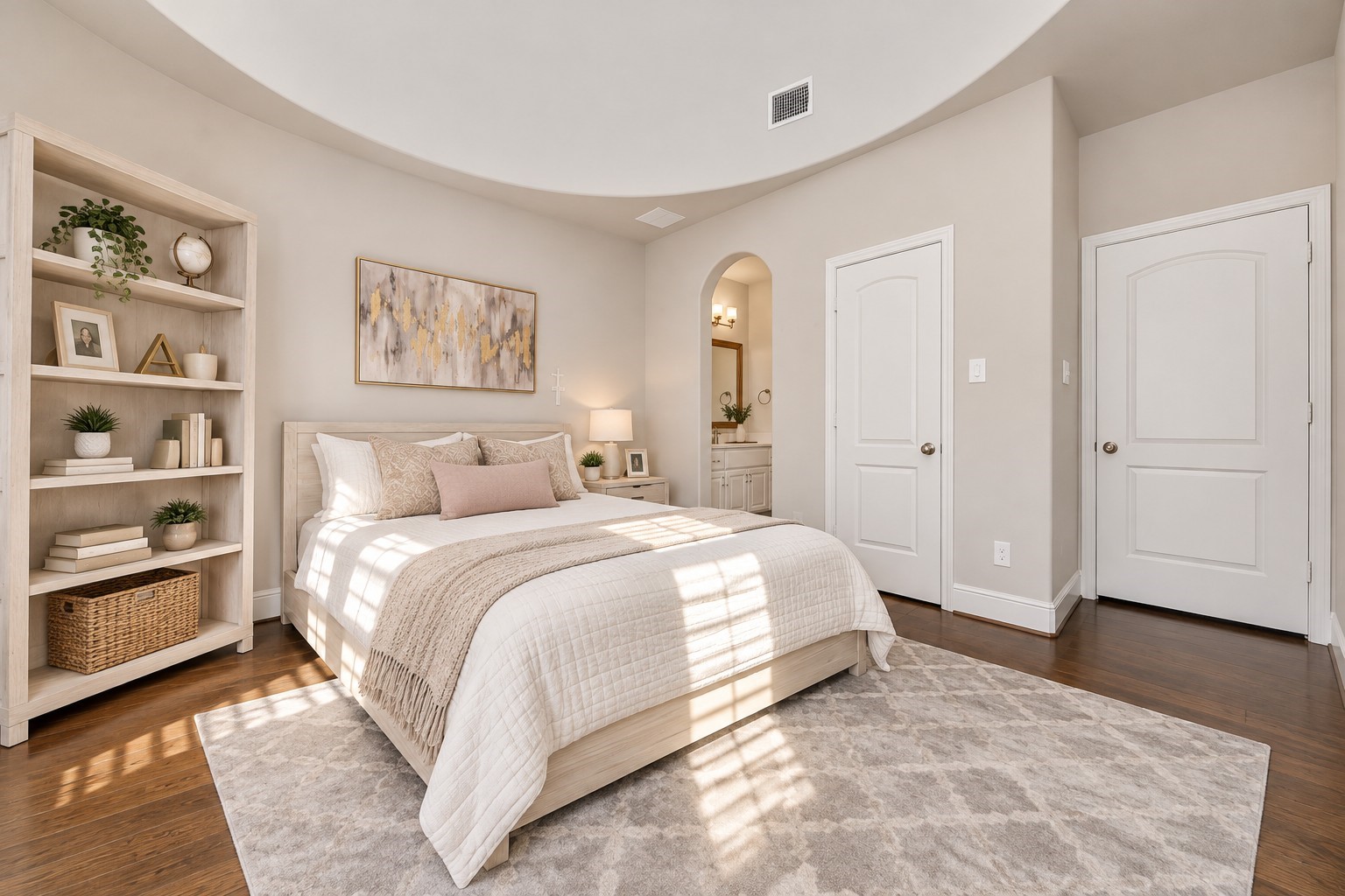 Another view of the upstairs secondary bedroom showcasing 17-foot ceilings, a sweeping curved architectural wall, plantation shutters, and an abundance of natural light.