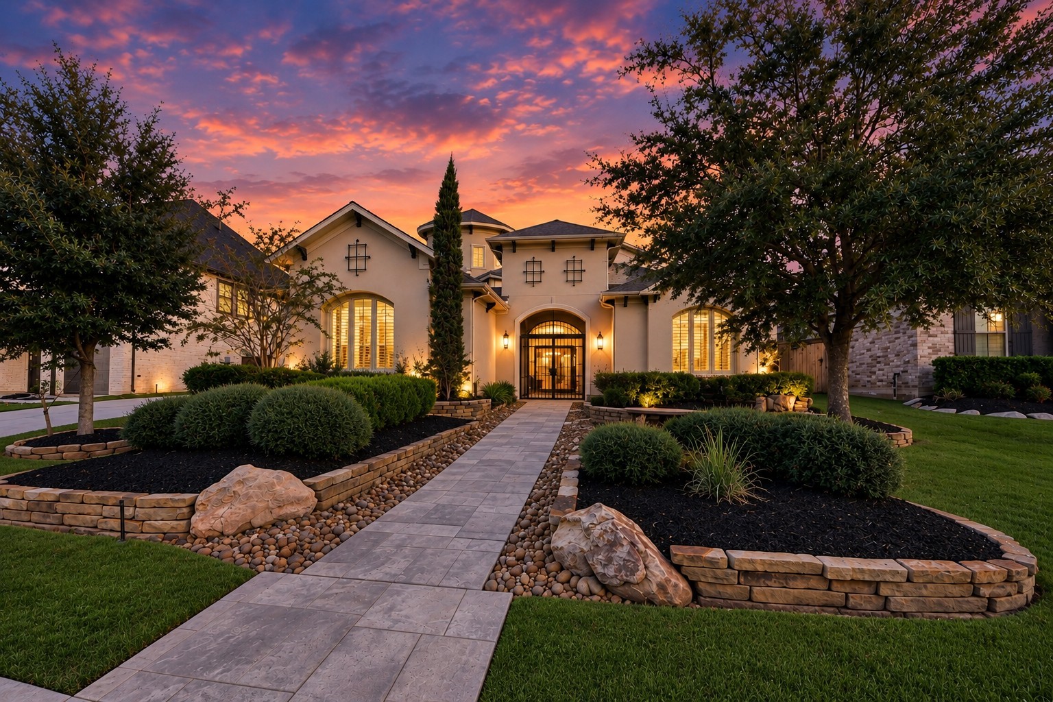 Mediterranean-inspired architecture featuring distinctive rooflines, lush landscaping, natural stone accents, decorative rock beds, and elegant landscape uplighting.