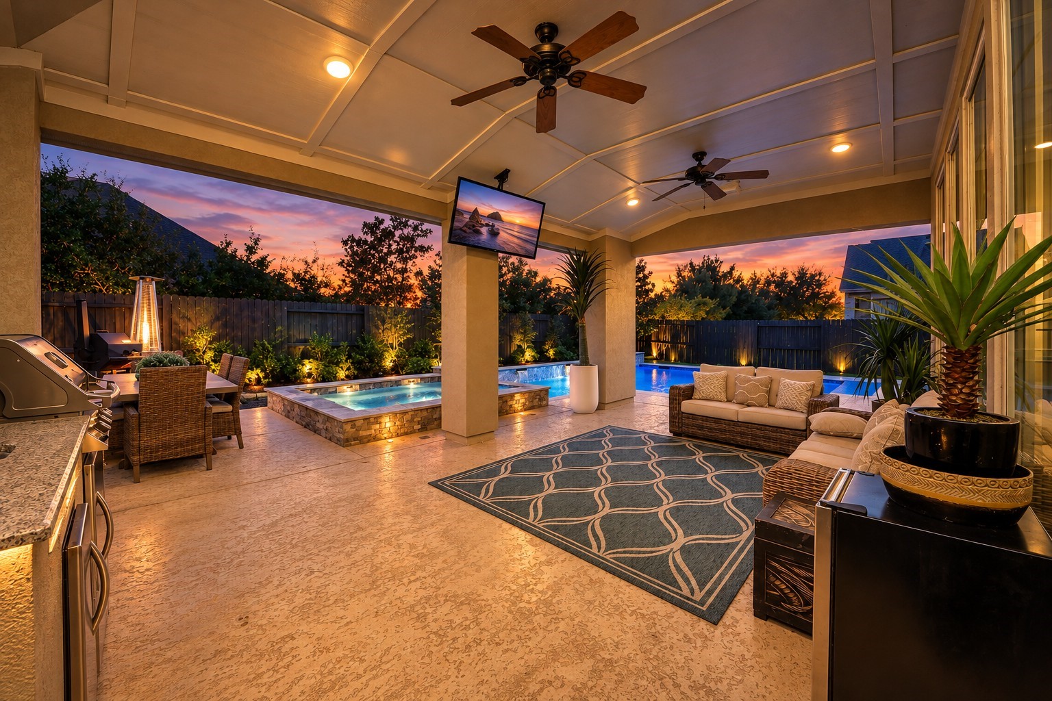 Your own backyard oasis, perfect for entertaining and making lasting memories! Enjoy an oversized covered patio featuring built-in surround sound speakers, mounted TV, outdoor kitchen, and relaxing spa.