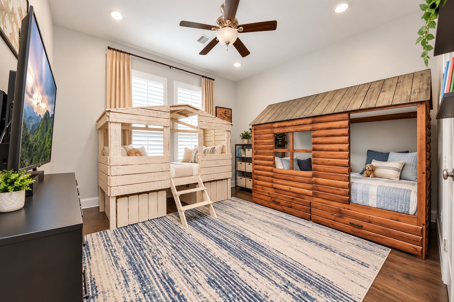 Second secondary bedroom on the first floor featuring plantation shutters and convenient access to a full bathroom just outside the bedroom, complete with a walk-in shower.