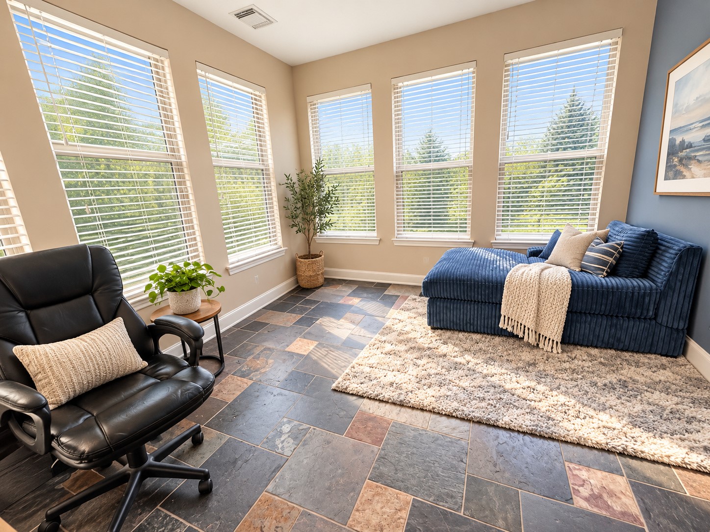 Sunny downstairs flex room. Grab your favorite cup of tea and a book and relax.