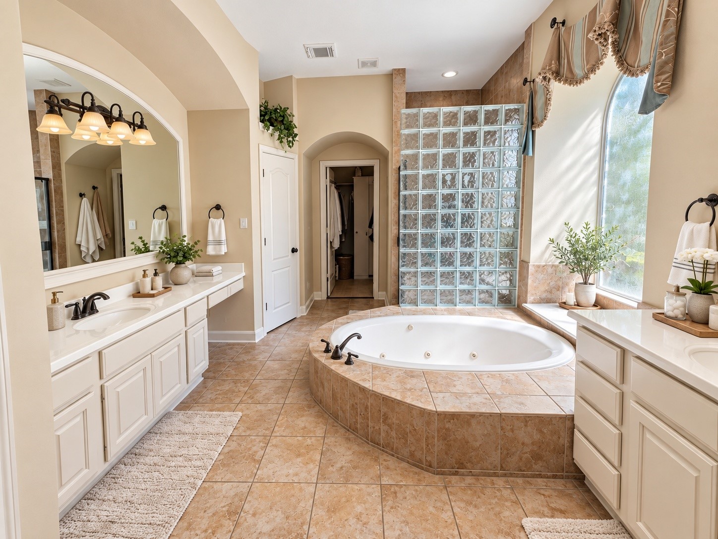 Retreat to the primary bathroom with dual vanity areas and a relaxing jetted tub.