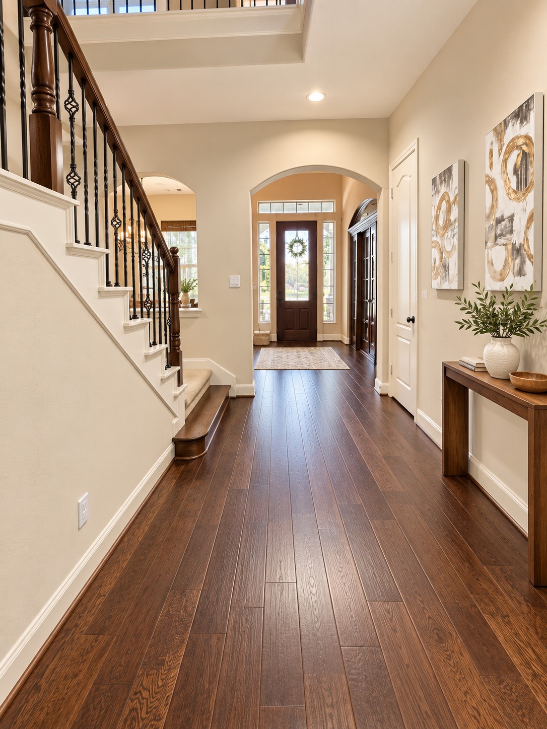 Elegant entry with decorative columns, arched openings, and an inviting view into the home.