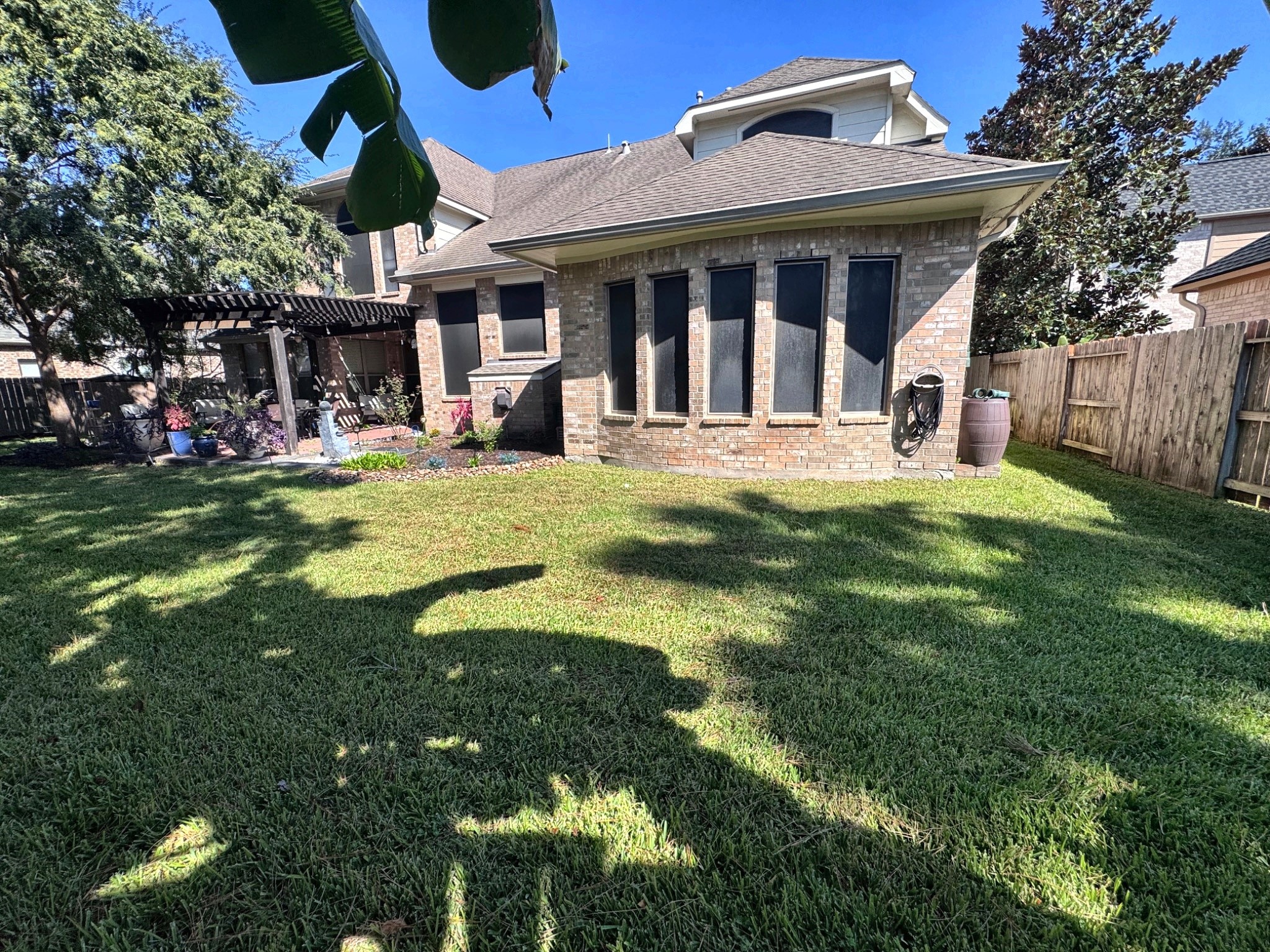 Generous backyard with mature trees, lush lawn, and space for outdoor activities and relaxation.