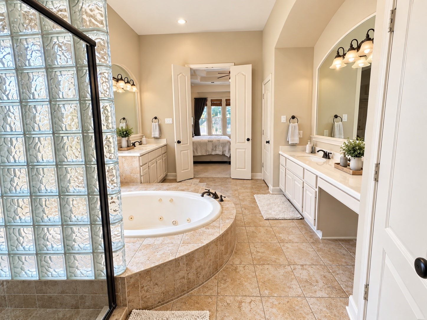 Spacious primary bath featuring separate vanities, a jetted soaking tub, and decorative tile finishes