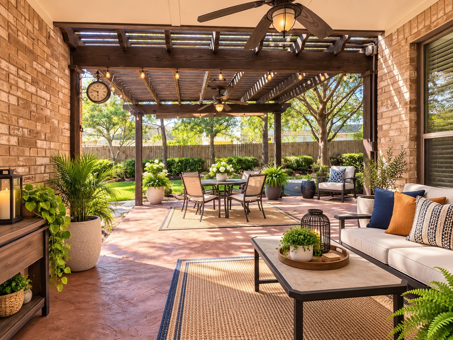 A lovely backyard oasis surrounded by mature trees and lush greenery, ideal for outdoor enjoyment.