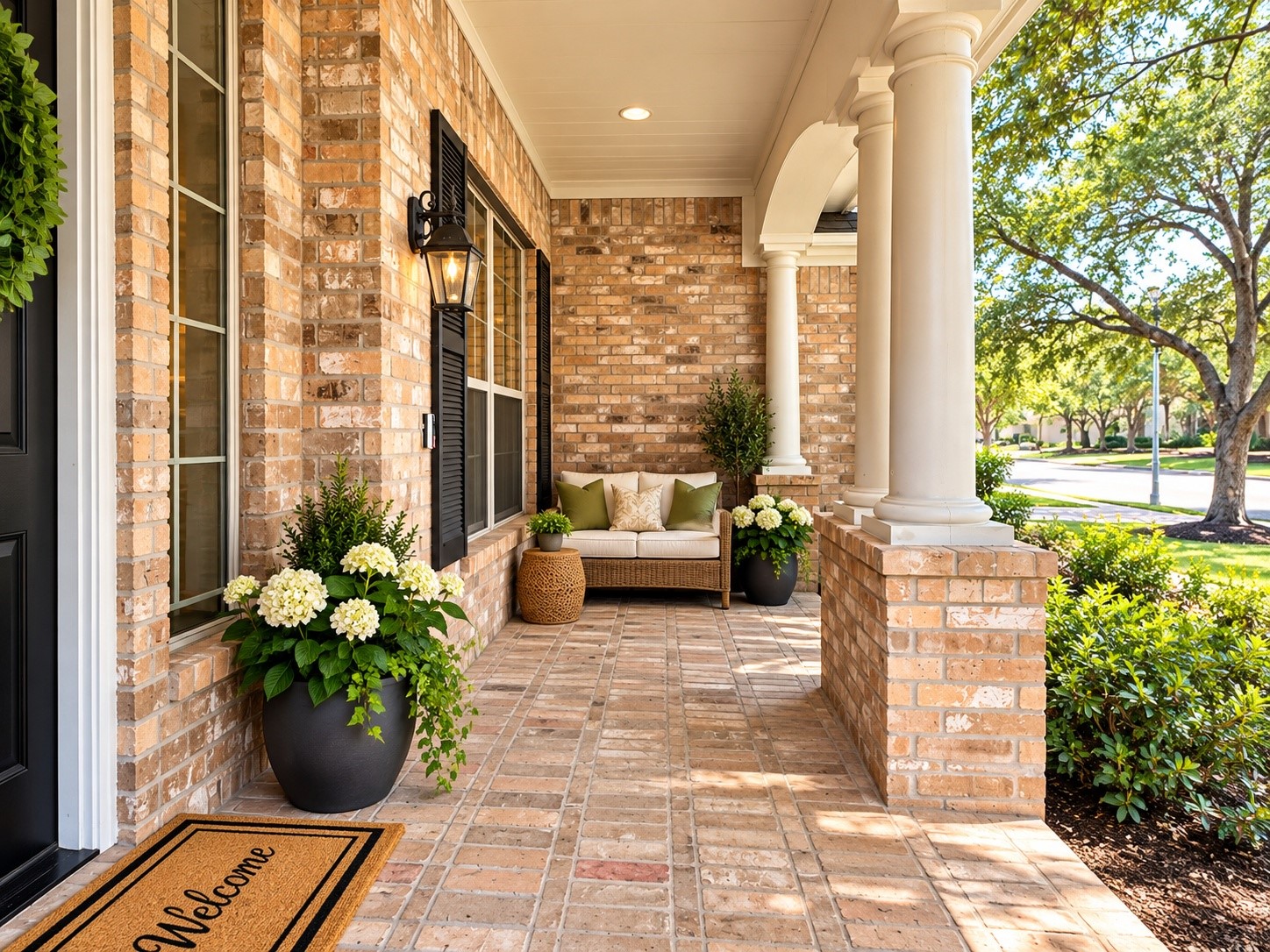 Front of home with Inviting covered front  porch with elegant columns, brick flooring, and peaceful neighborhood views.