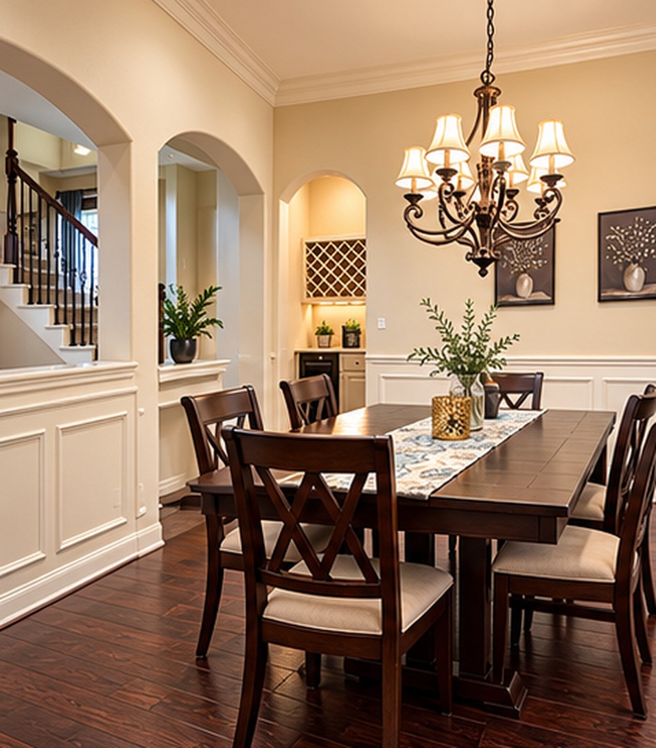 Elegant formal dining room with crown molding, classic wainscoting, beautiful chandelier, and rich wood flooringperfect for entertaining.