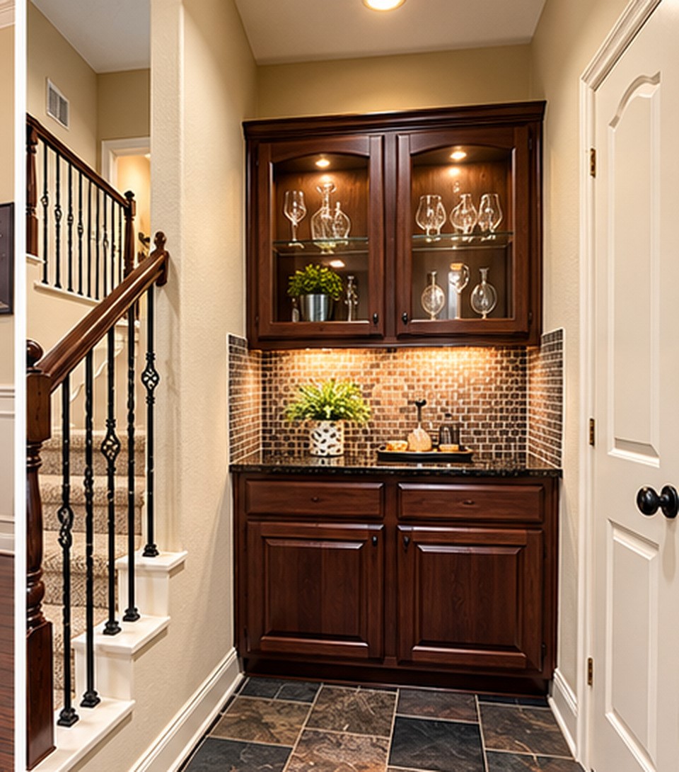 Convenient built-in serving area features rich cabinetry, dark countertops, and decorative tile backsplash.