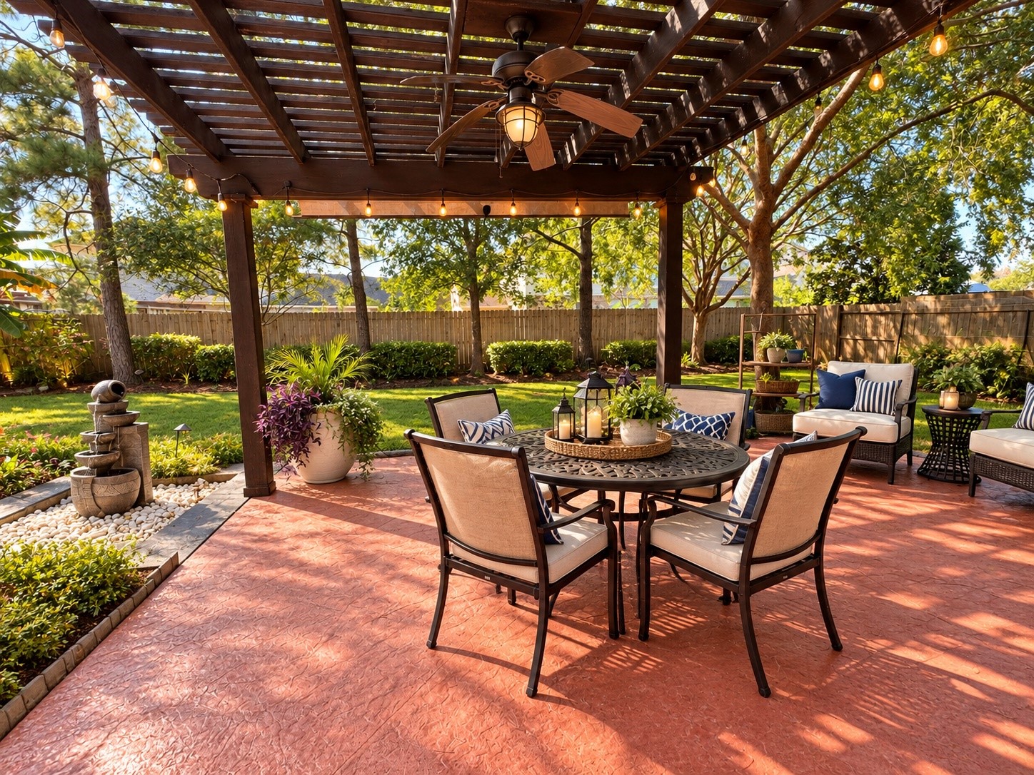 Inviting outdoor lounge beneath a charming pergola, perfect for gathering with family and friends.