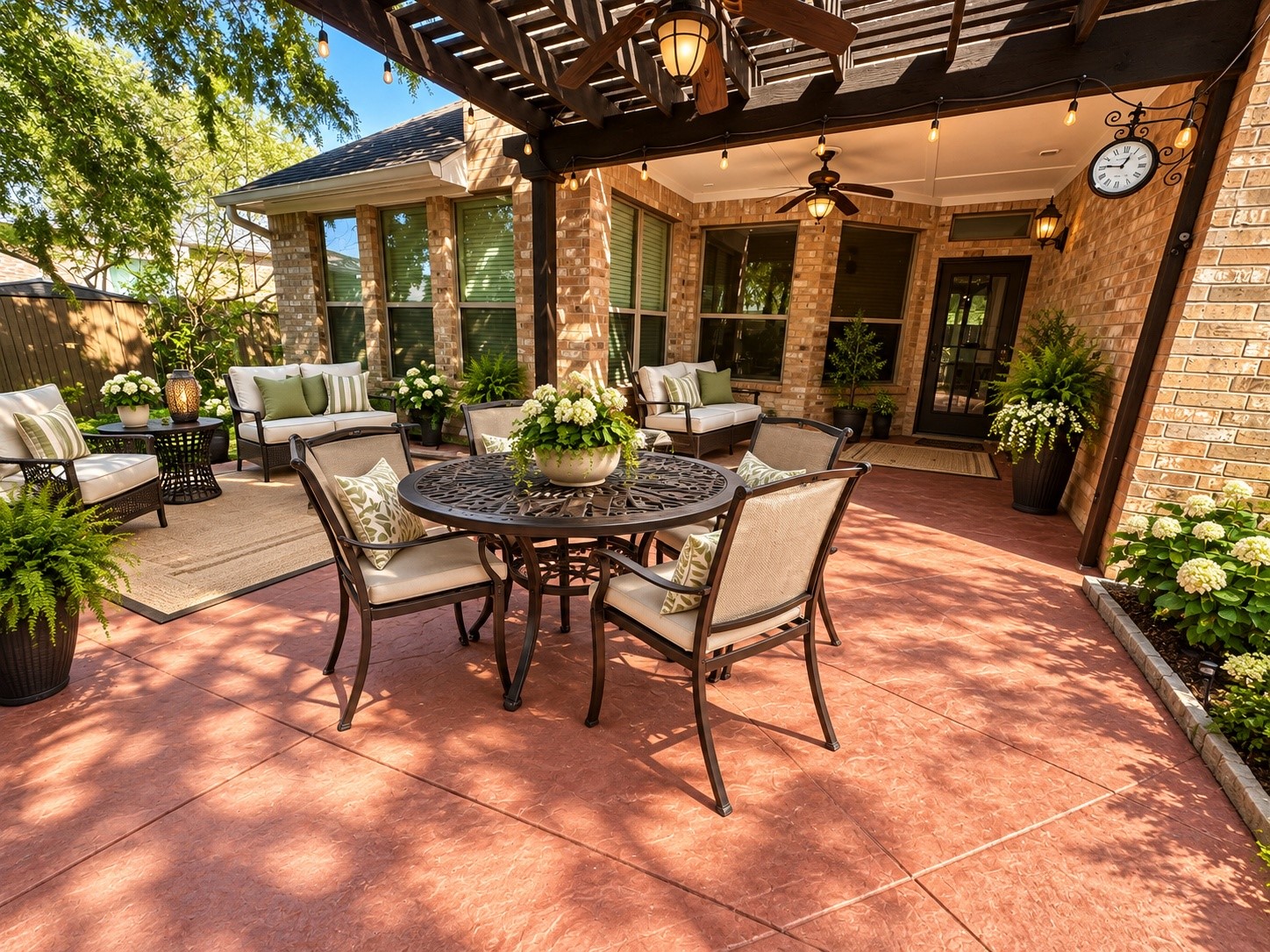 Beautiful pergola-covered patio offers a relaxing retreat for outdoor entertaining.