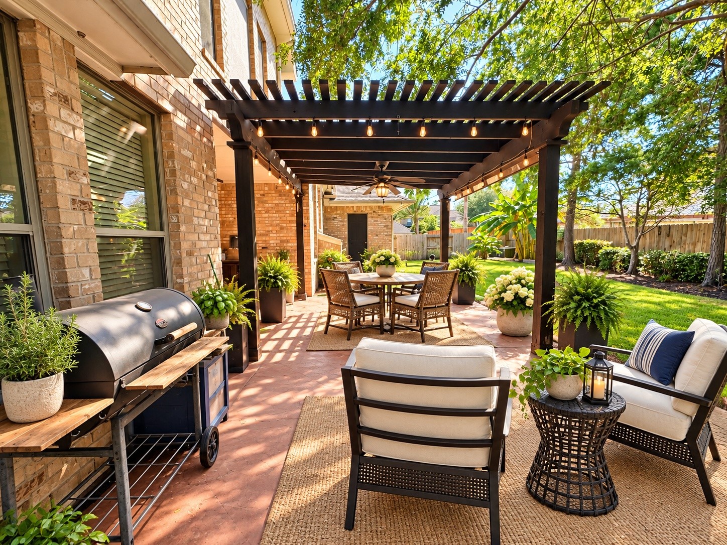 Charming pergola and inviting outdoor seating create a beautiful setting for evenings at home.