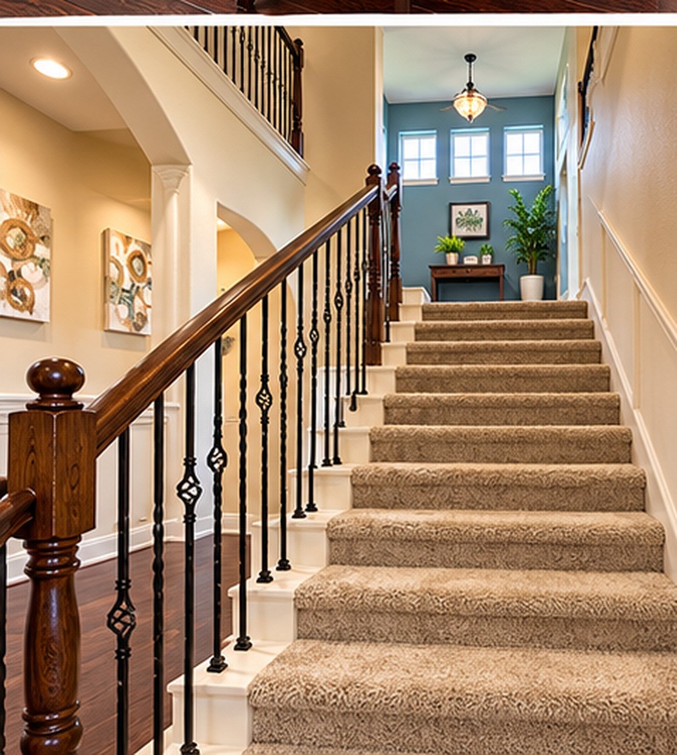 Gorgeous Staircase with iron spindles, architectural archways, leading to upstairs game room