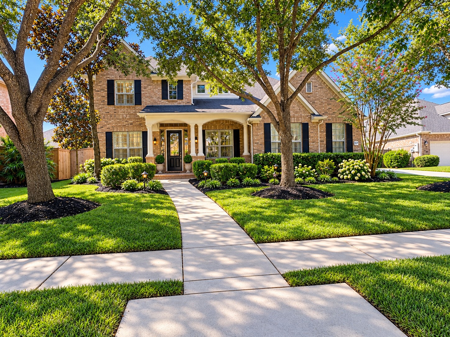 Charming brick exterior with a welcoming covered front porch and established shade trees.
