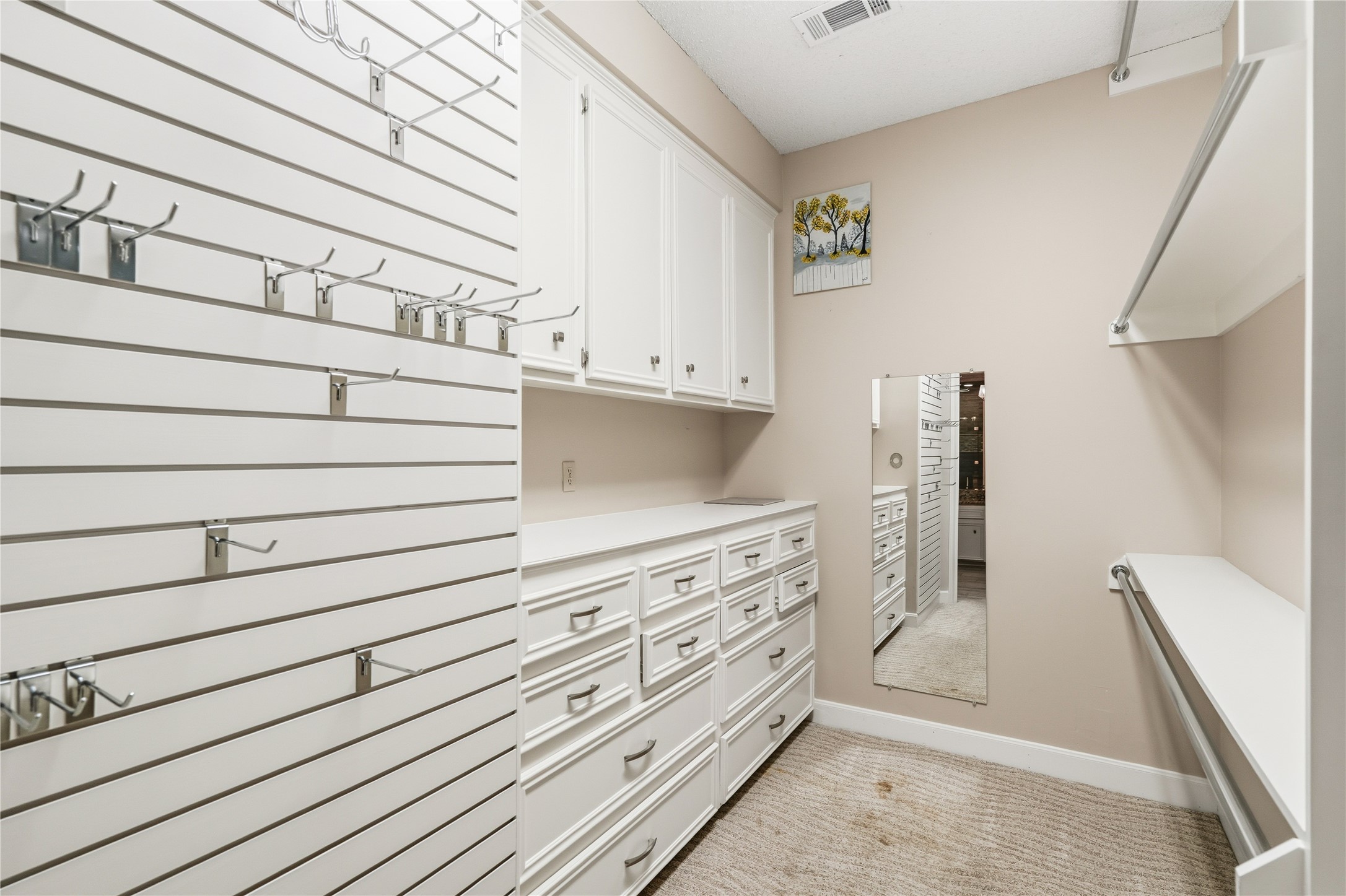 Spacious walk-in closet featuring ample built-in storage with cabinets, drawers, and versatile hanging space, perfect for organizing your wardrobe.