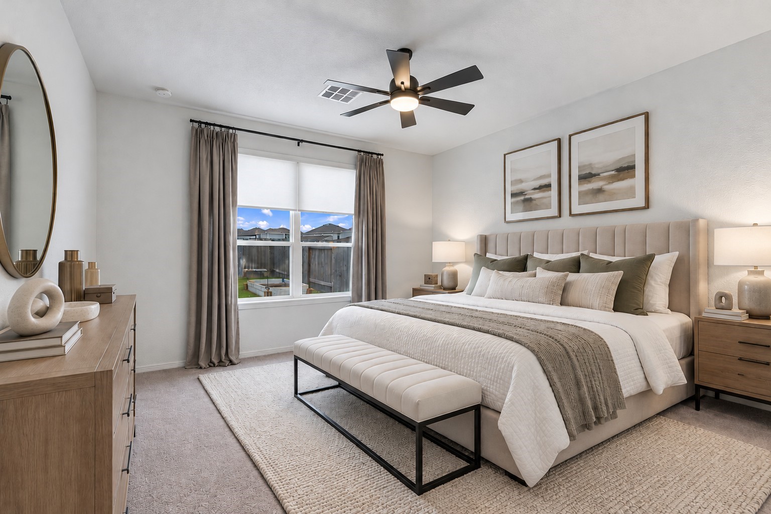 Virtually Staged: This spacious primary bedroom offers a bright, inviting retreat with a clean, modern design and soothing neutral tones. Crisp white walls, soft carpeting, and a generous floor plan create an open and comfortable atmosphere.