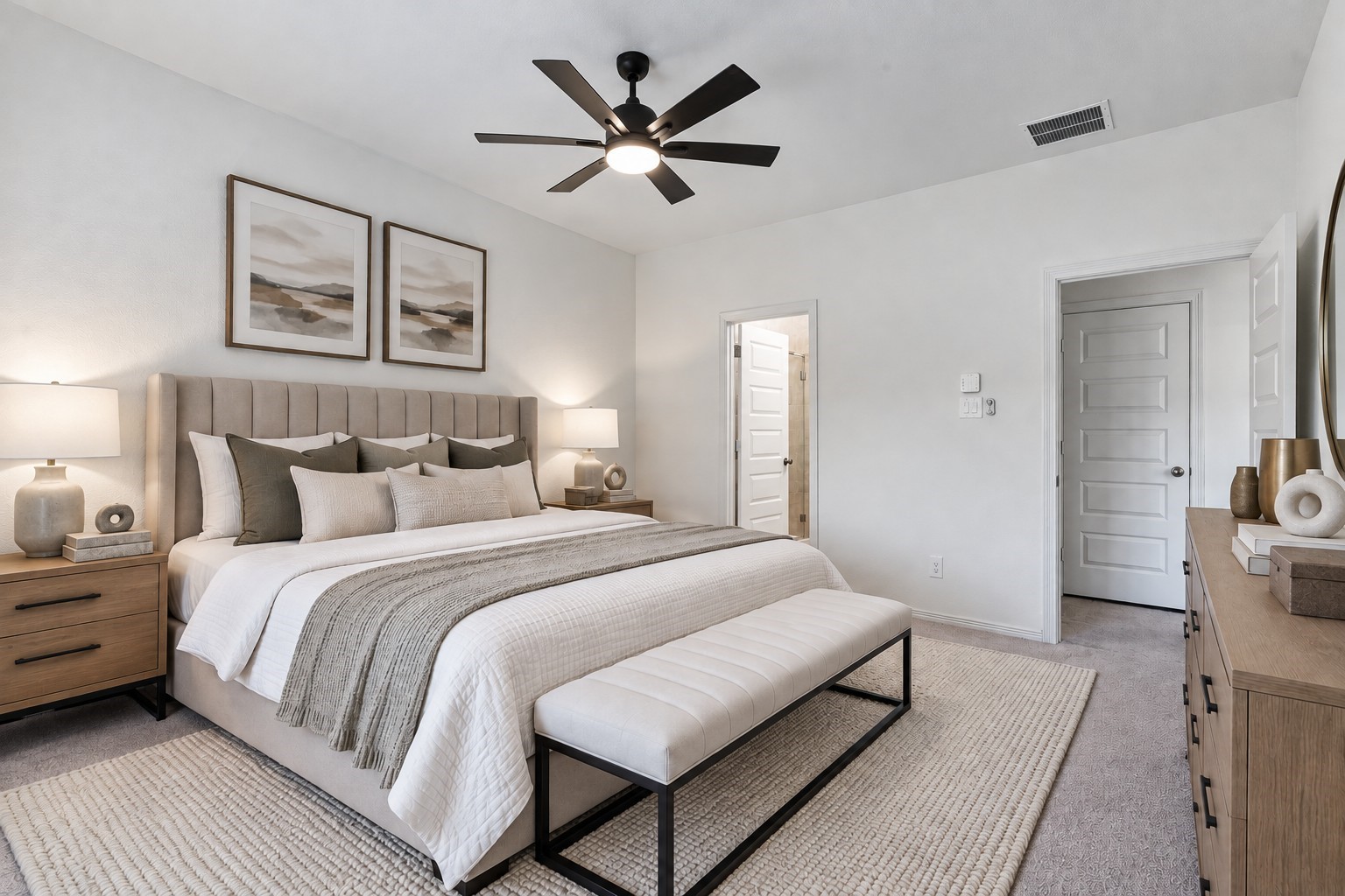 Virtually Staged: The thoughtfully designed layout offers direct access to the adjoining bathroom and hallway, creating a seamless blend of style, privacy, and functionality.