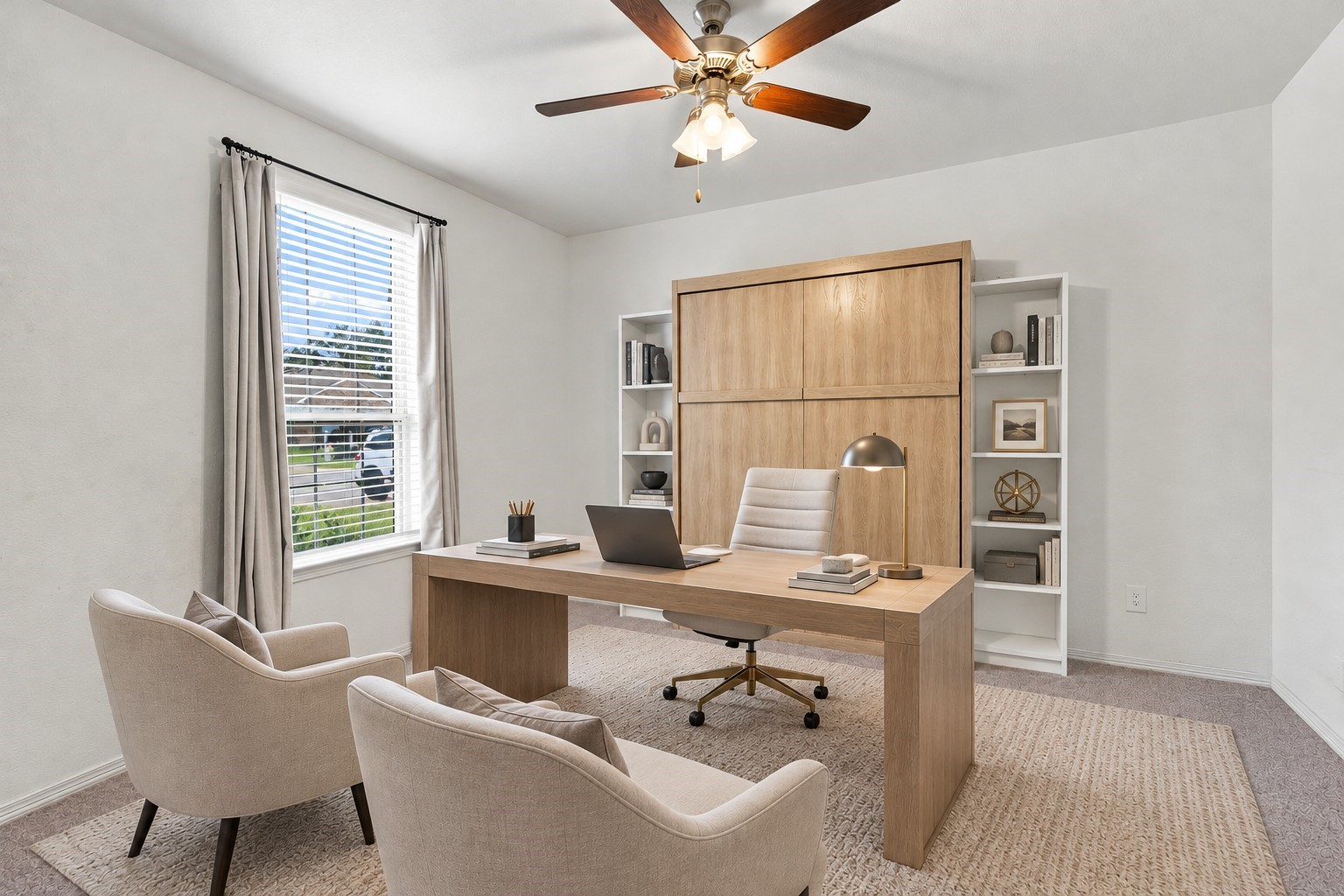 Virtually Staged: This bright and spacious room offers a versatile layout, ideal for a dedicated home office or private study. A ceiling fan with integrated lighting enhances comfort and functionality throughout the space.