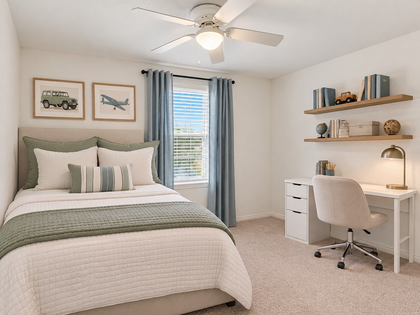 Virtually Staged: This bright and inviting bedroom features a clean, airy atmosphere. A centrally positioned window allows abundant natural light to fill the room, while white blinds and layered curtains provide privacy and light control. The ceiling features a ceiling fan with integrated lighting, enhancing everyday comfort.