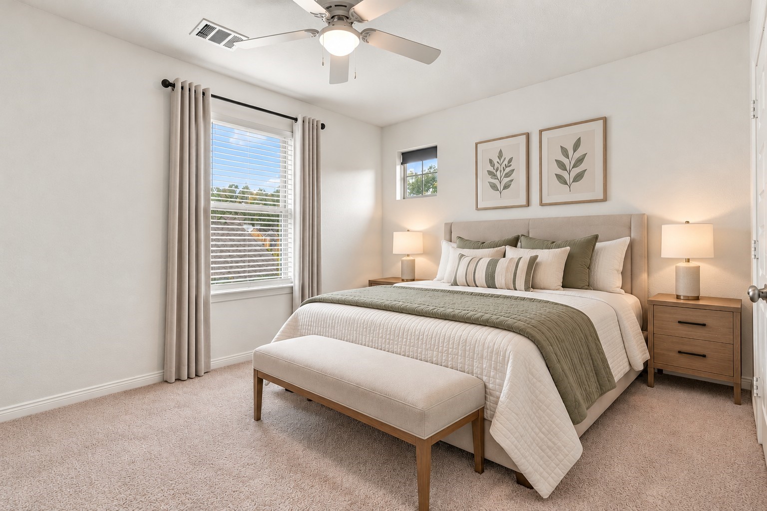 Virtually Staged: This secondary bedroom offers a bright, inviting atmosphere with a modern design and soothing neutral tones. Soft beige carpeting complements the crisp white walls, while a large window welcomes abundant natural light.