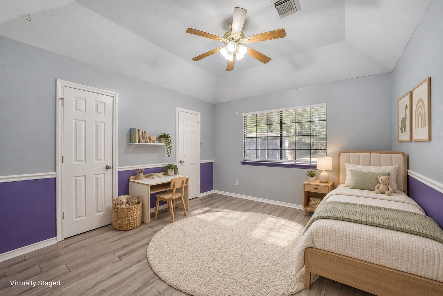 Virtually staged photo of this third bedroom.
