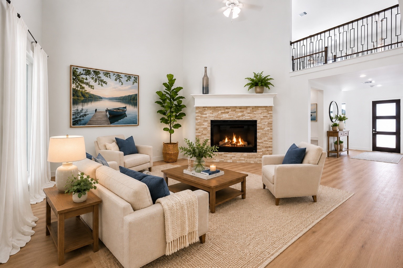 Spacious open family room with abundant natural light and stunning private views of the forest- no back neighbors- room is virtually staged with furniture and drapes- flooring is lighter than depicted here.