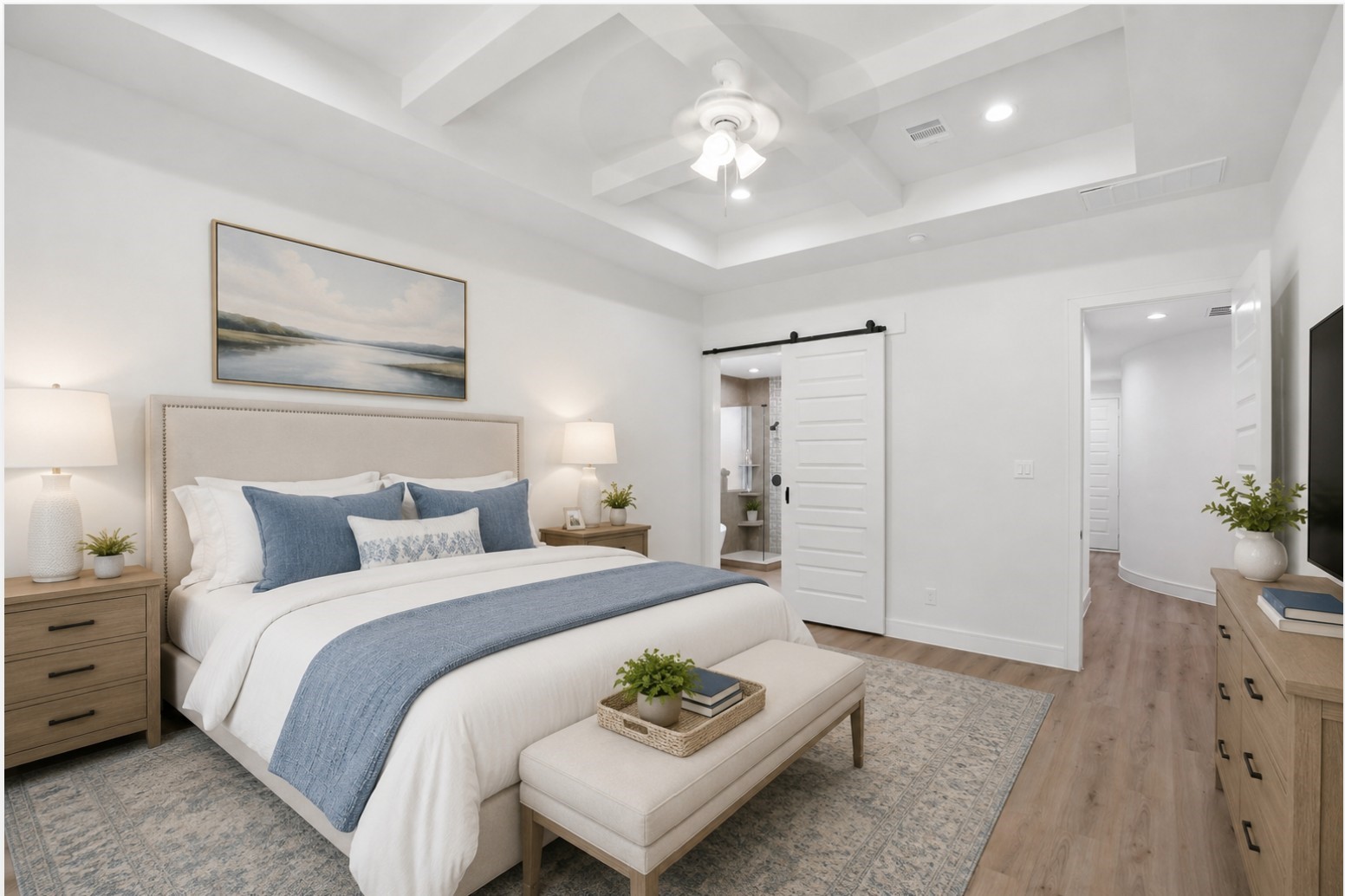 Spacious primary retreat w/spa like en-suite. Awe inspiring coffered ceilings adding a pleasing architectural detail.