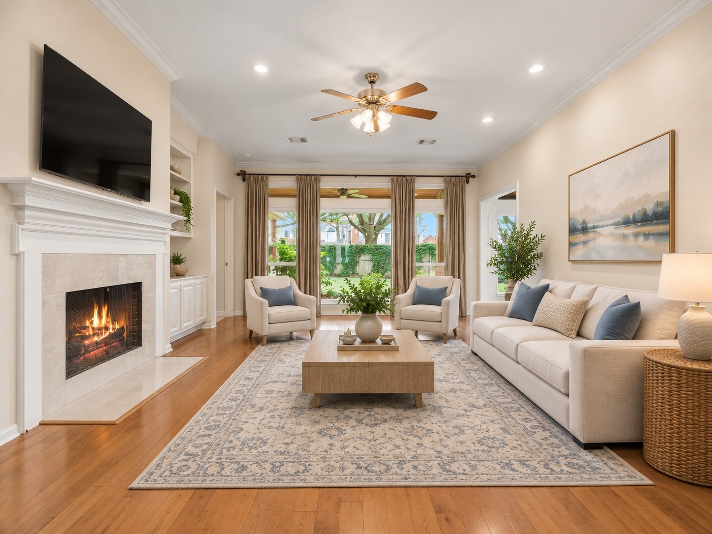 Spacious living room with hardwood floors, a cozy gas fireplace, and large windows offering abundant beautiful garden views. *virtually staged