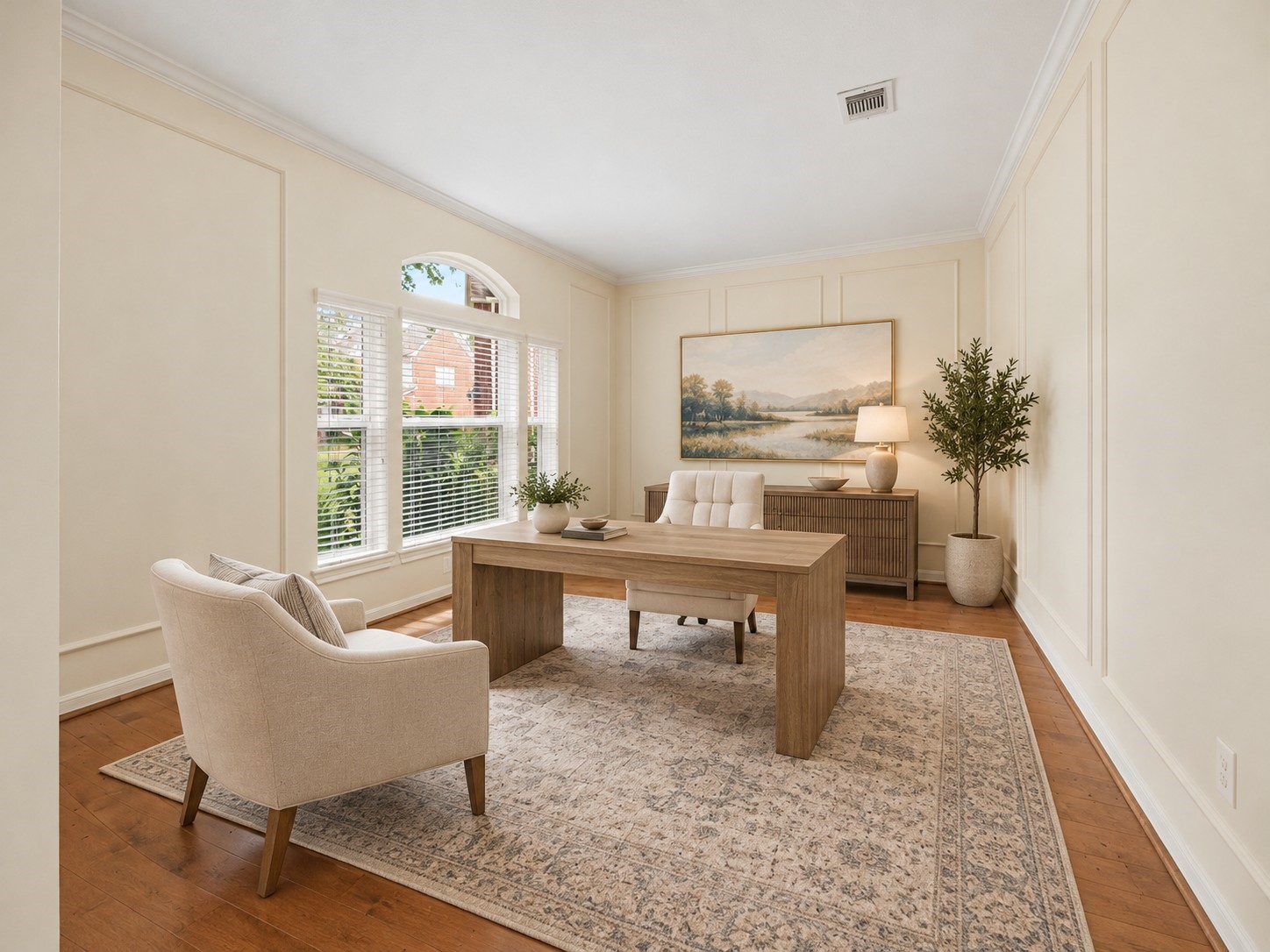 Off the entry, you will find a dedicated office with French doors. *virtually staged