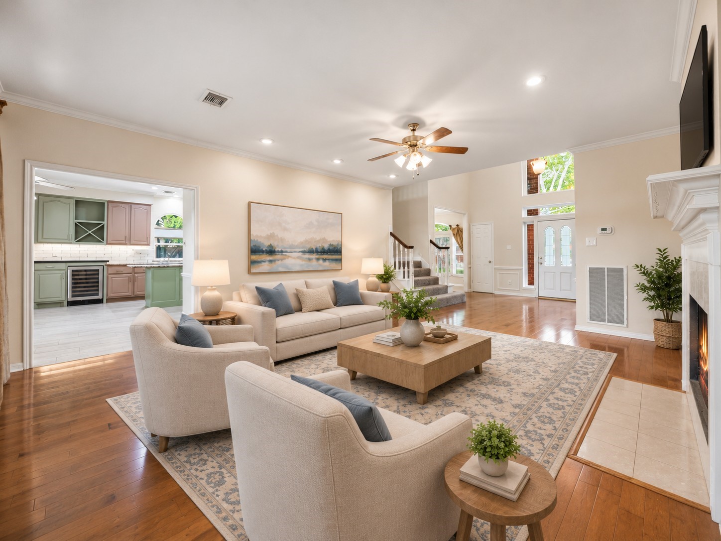 Another view of the living area showing the view to the kitchen. *virtually staged