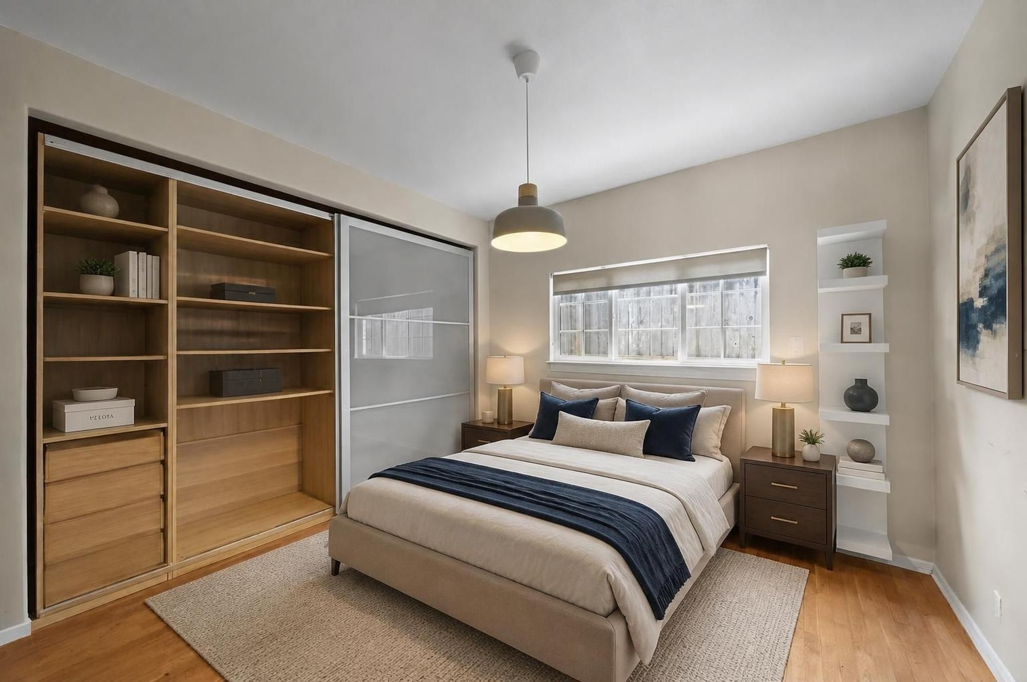 The fourth bedroom adds meaningful flexibility to the homes single-level design. It creates extra room for guests, work, storage, or a more private living setup. Virtually staged.