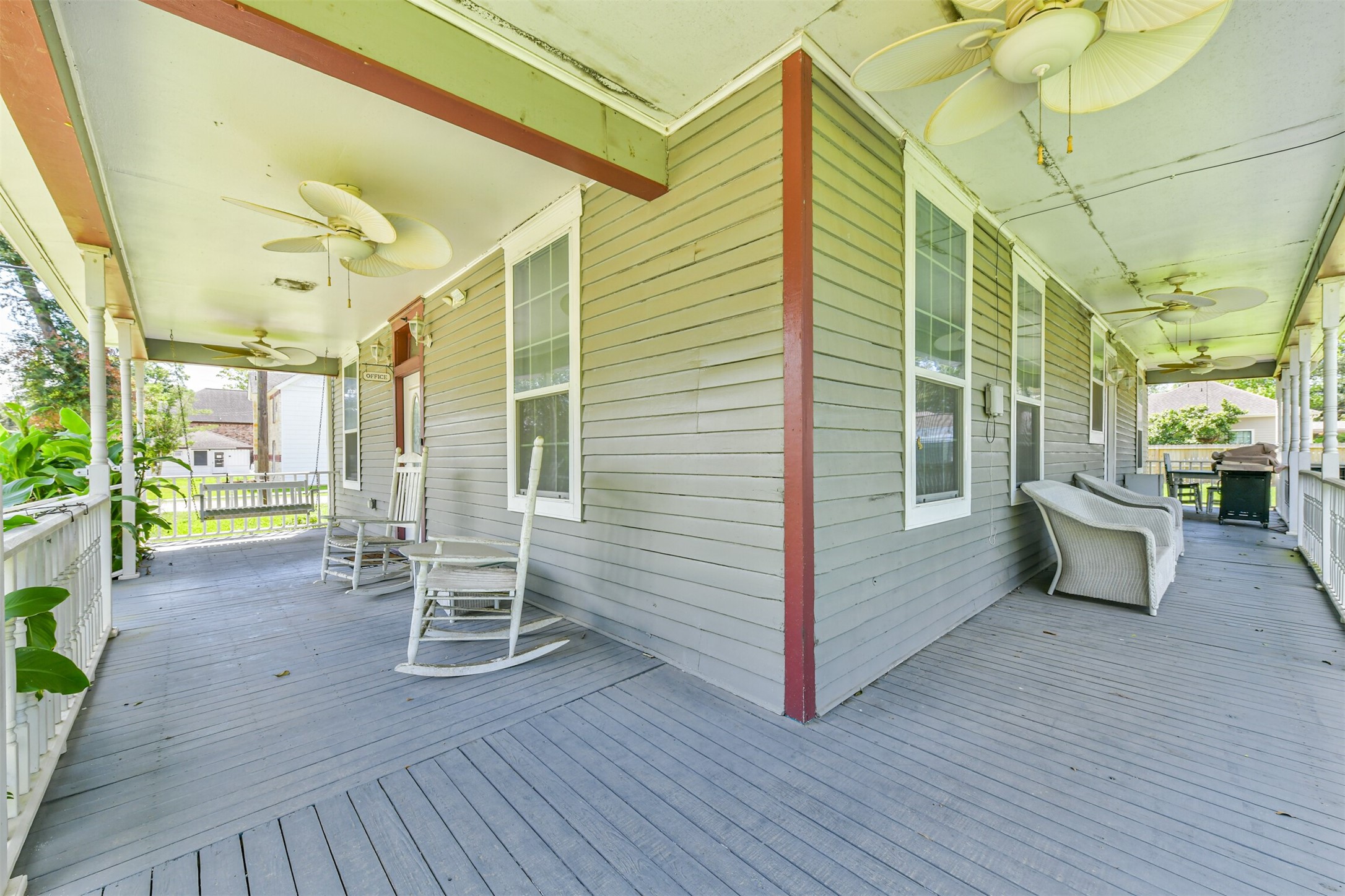 One of the porches, offering a peaceful spot for a swing, rocking chairs or morning coffee. One of the porches, offering a peaceful spot for a swing, rocking chairs or morning coffee.