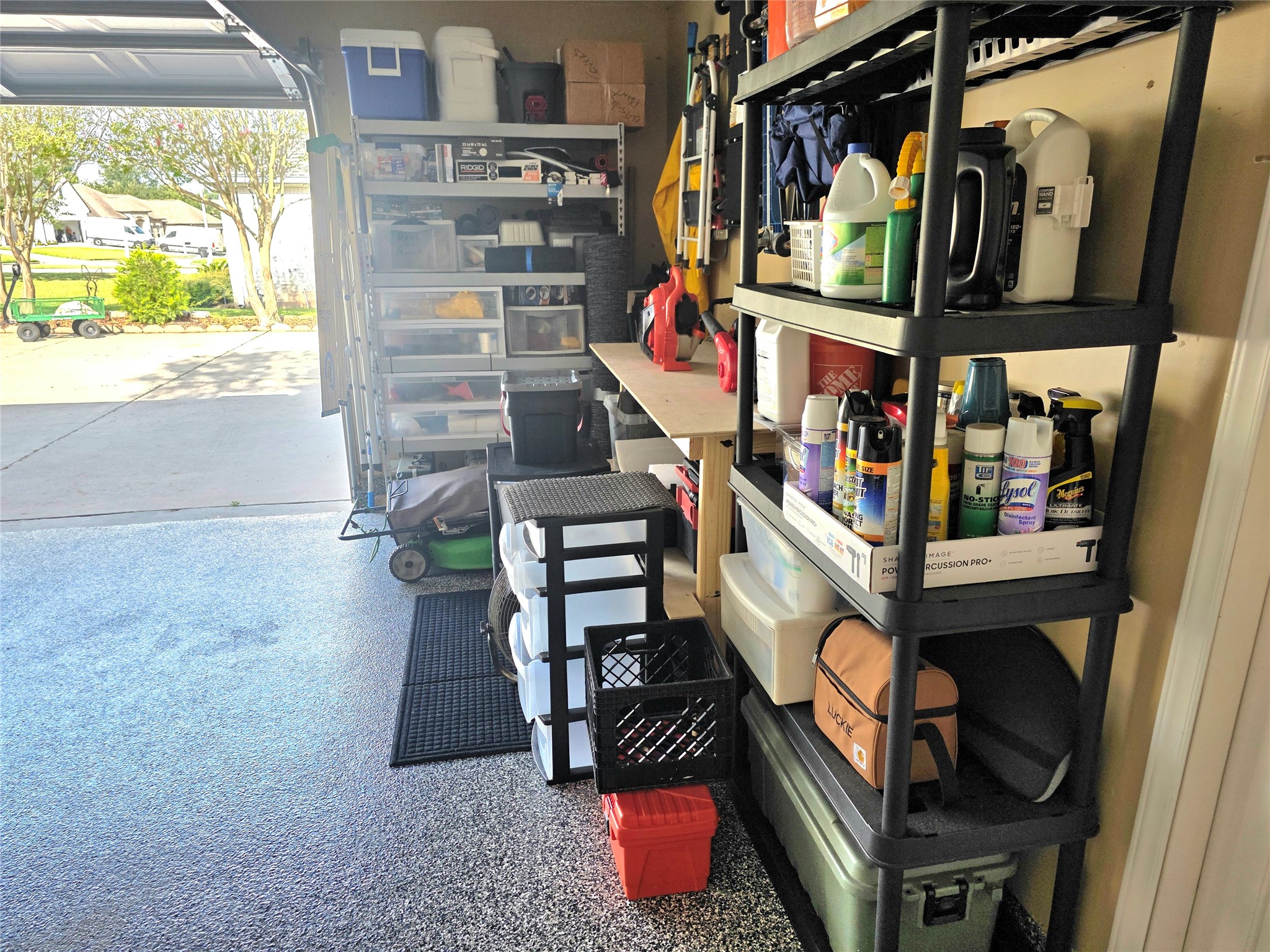 Space for a golf cart where the owners currently have storage shelves