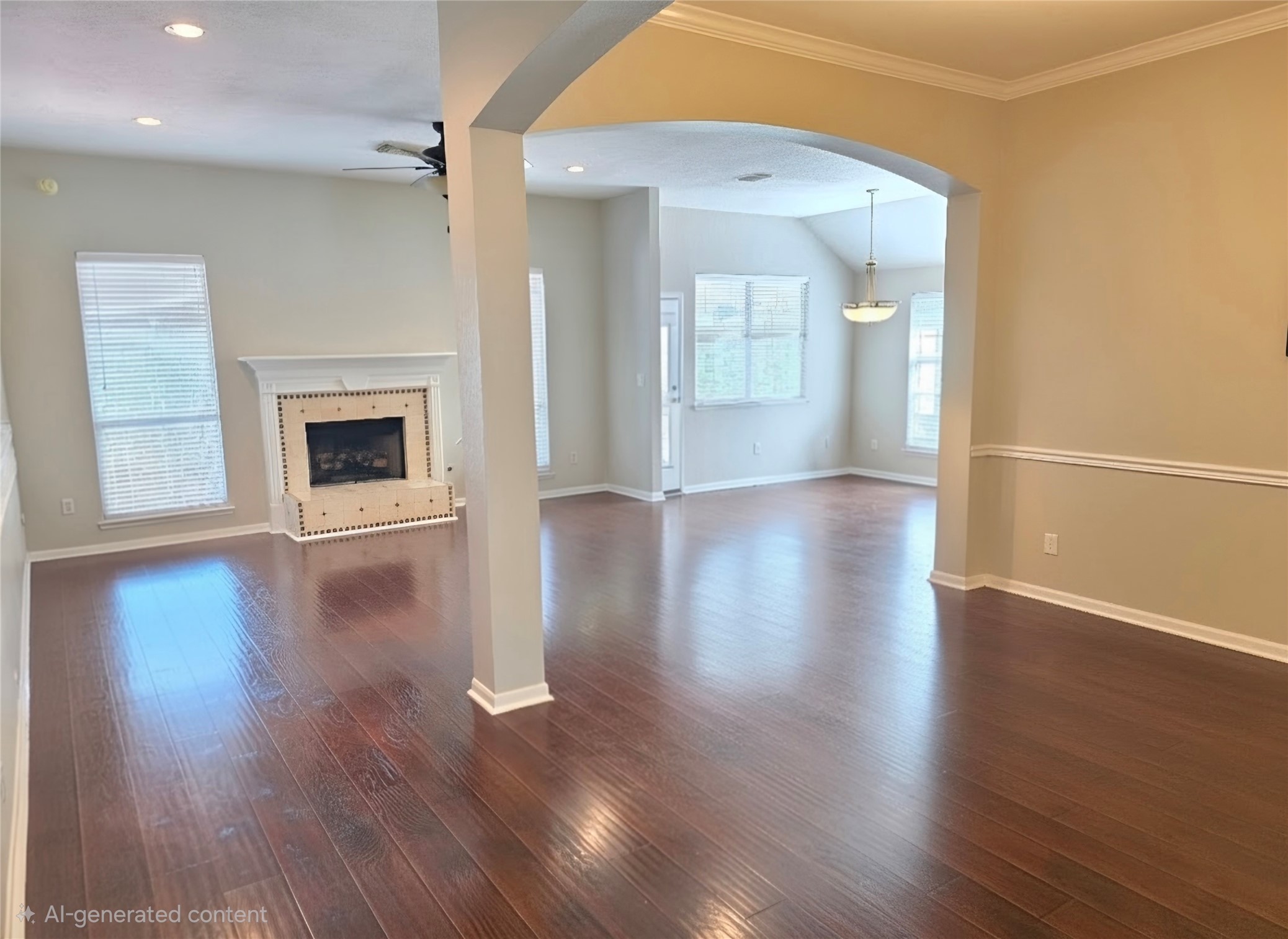 AI generated photo of the dining and living area with no furniture so you can envision your own decor