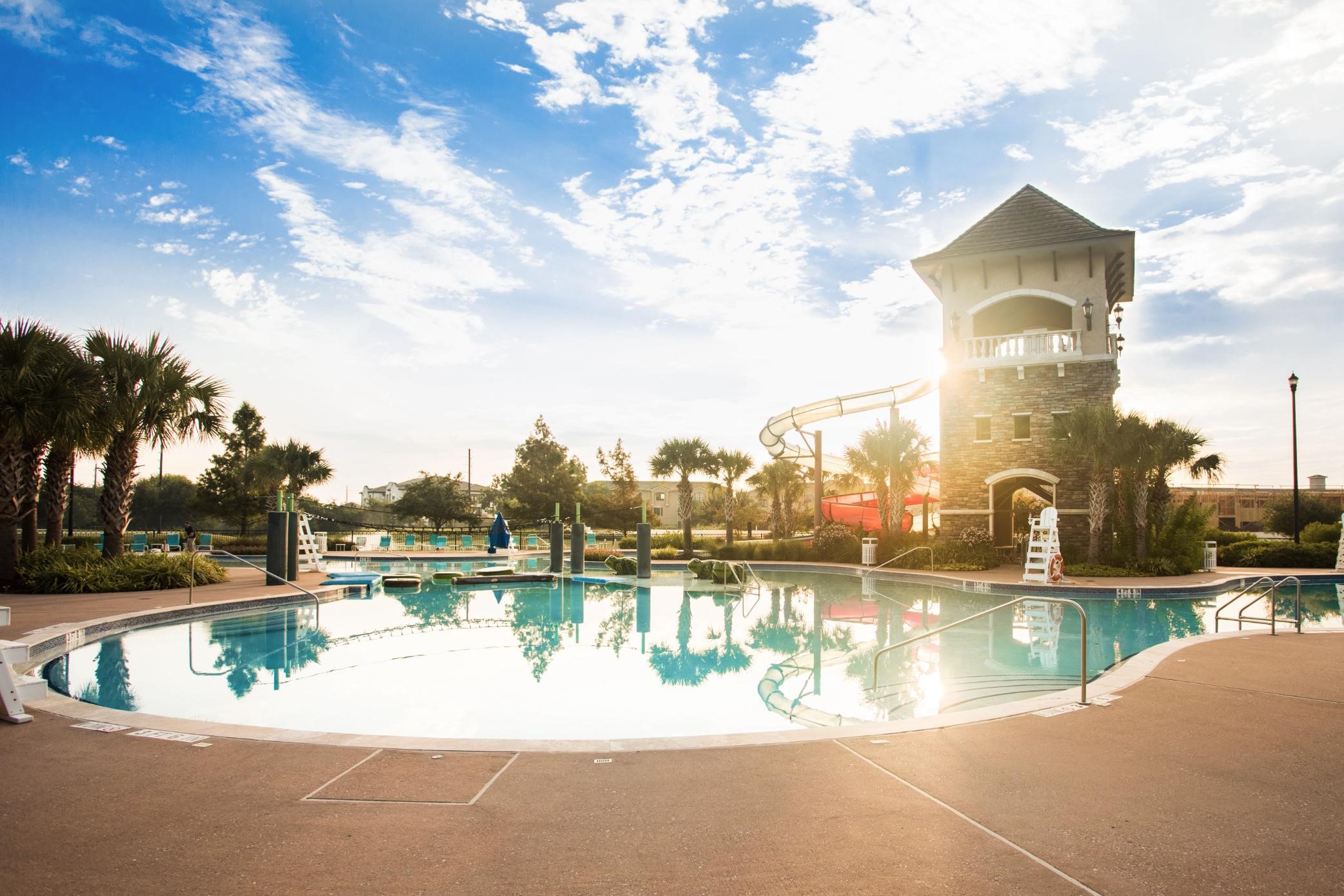 This community offers a pool with a large, winding water slide.