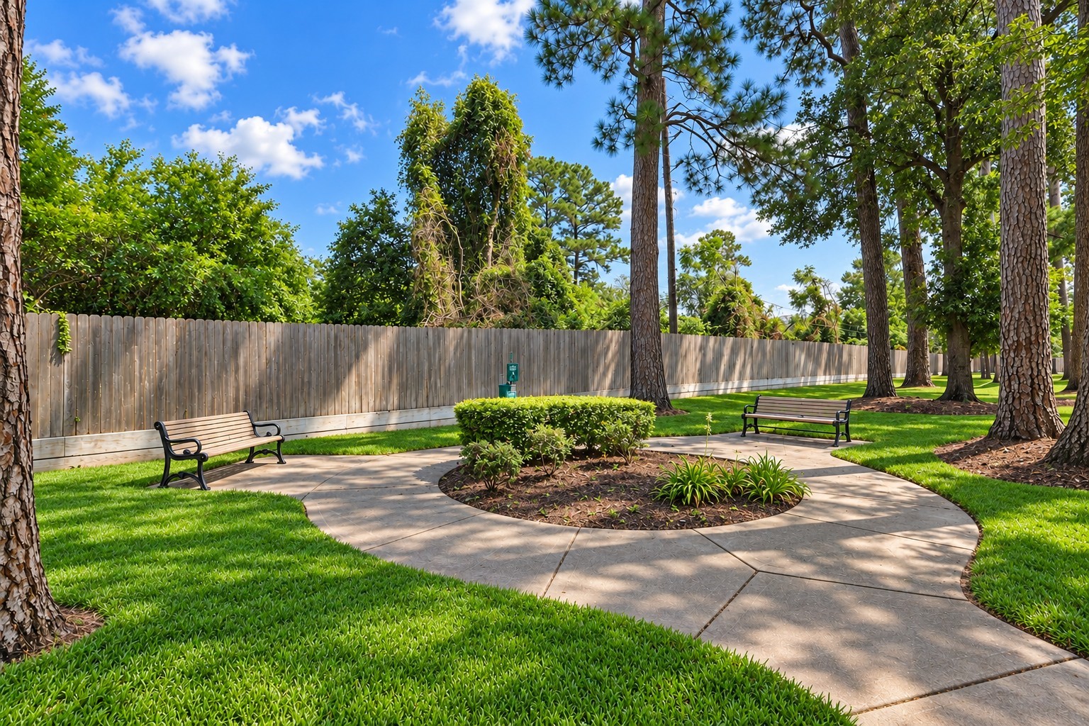 The quiet community is park-like thanks to the lush greenery, winding pathways, and inviting spaces for relaxation.