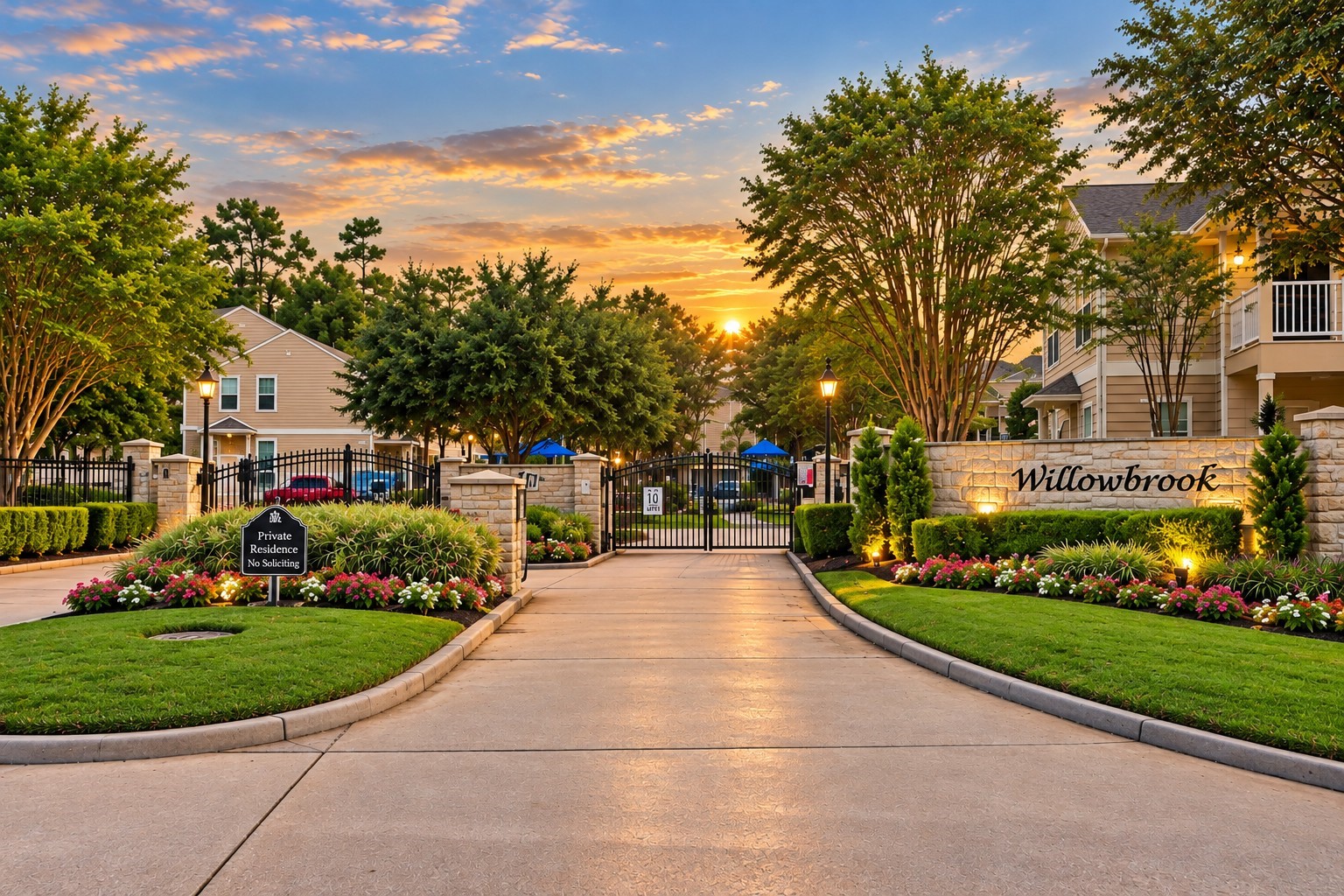 Discover the charm of Willowbrook, a gated community featuring beautifully landscaped grounds, elegant stonework, and a welcoming entrance that offers privacy and pride of ownership.
