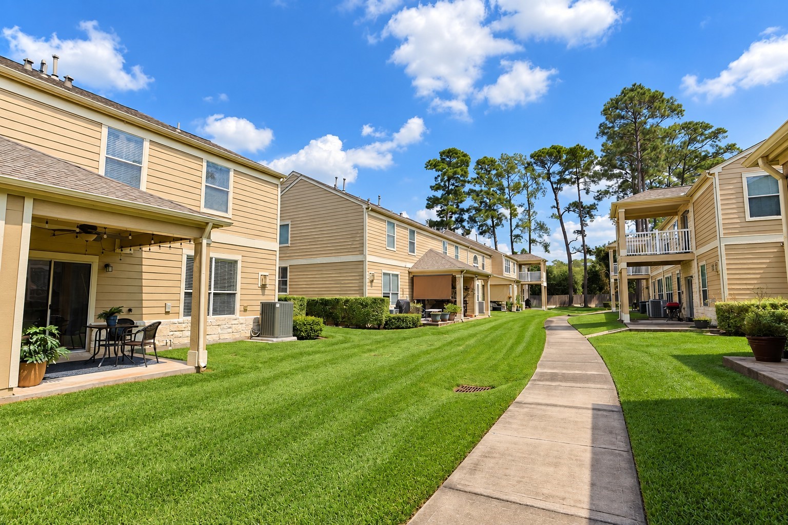 This charming community offers well-maintained lawns and private patios, surrounded by lush greenery and a meandering walkway.