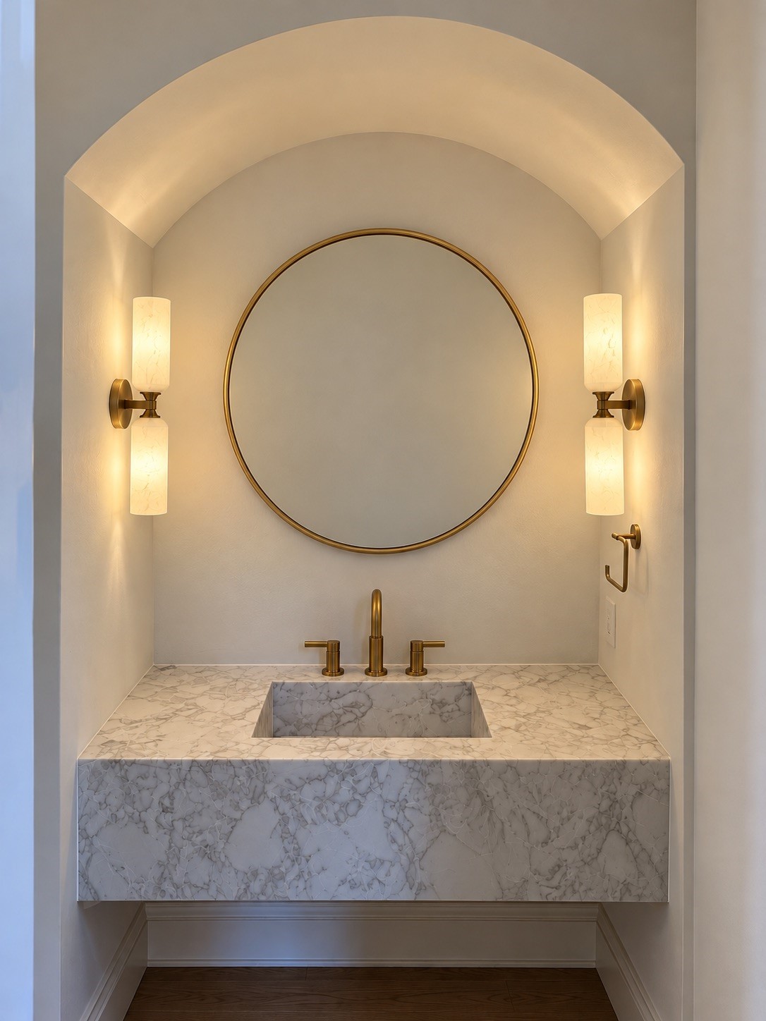 Stunning powder room with integrated quartz sink.