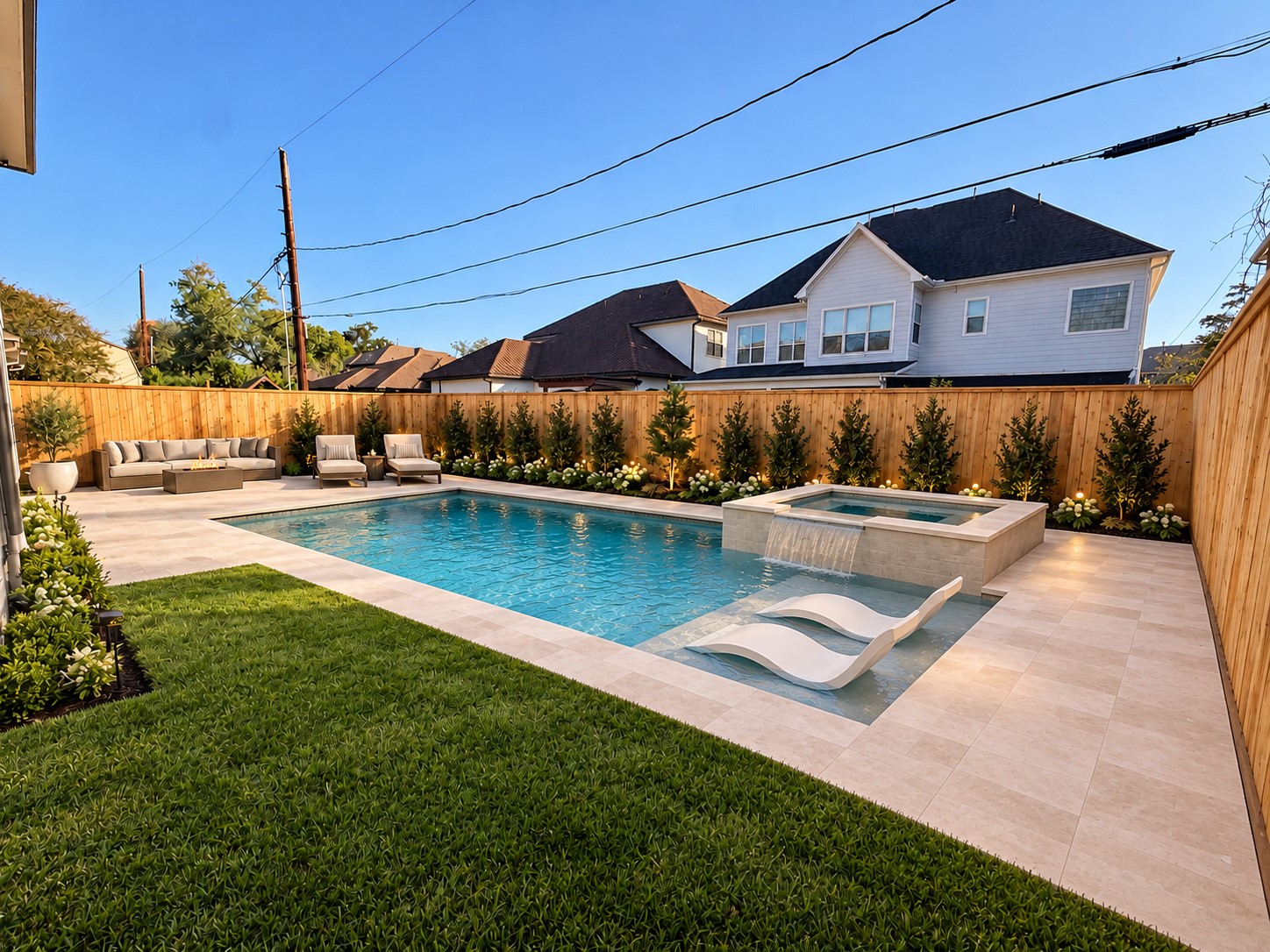 The 29' x 66' backyard has plenty of room for a pool. This is a rendering (pool subject to permitting and not included in list price.)