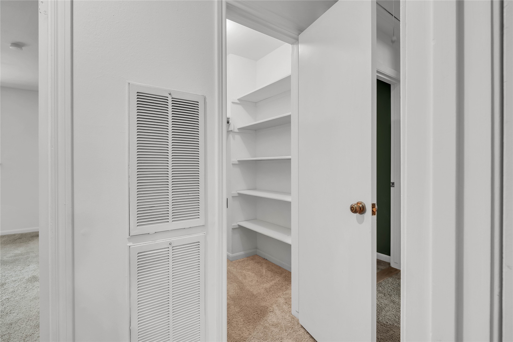 Expansive upstairs hallway closet with extensive built-in shelving, offering exceptional storage for linens, household essentials, holiday decorations, and more.